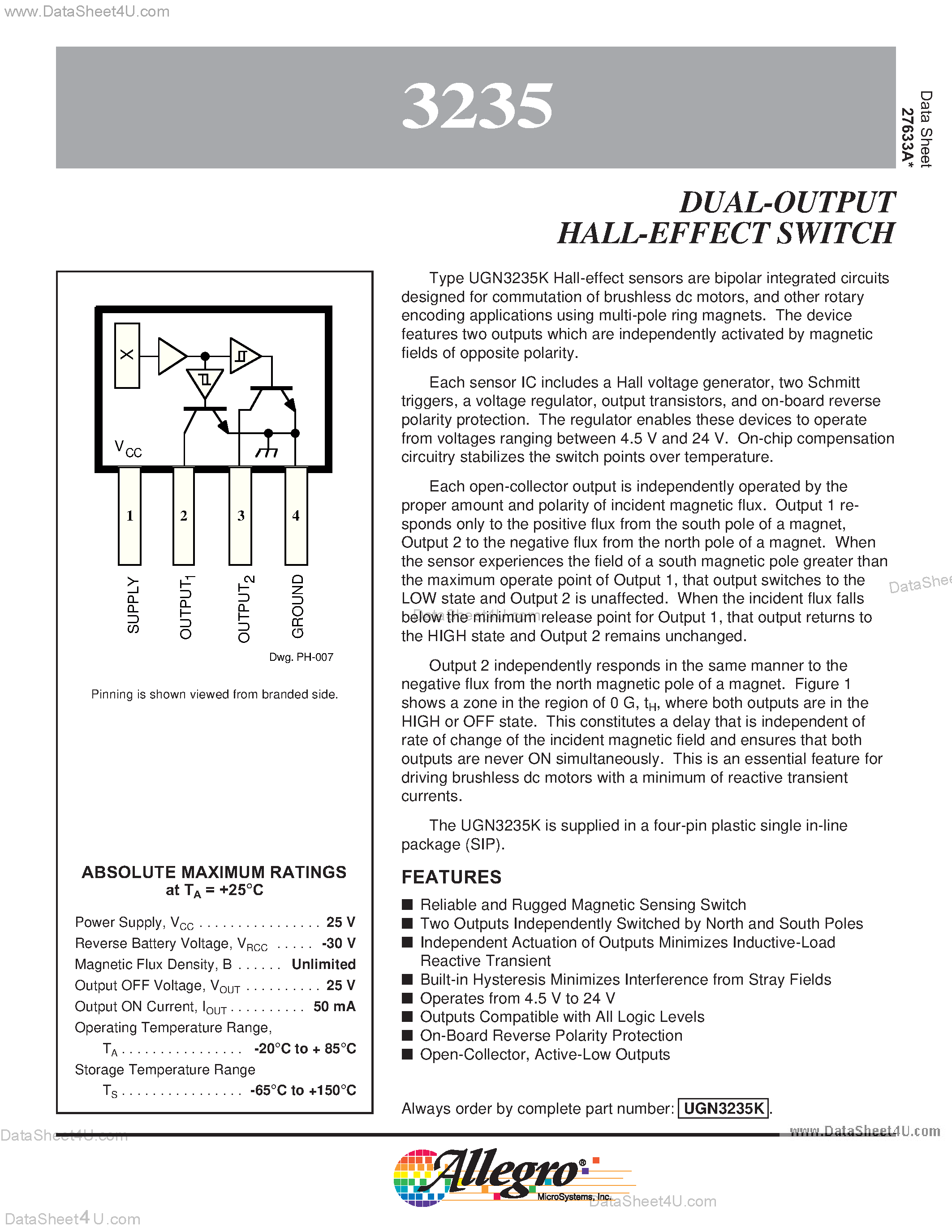 Datasheet UGN3235 - DUAL-OUTPUT HALL-EFFECT SWITCH page 1