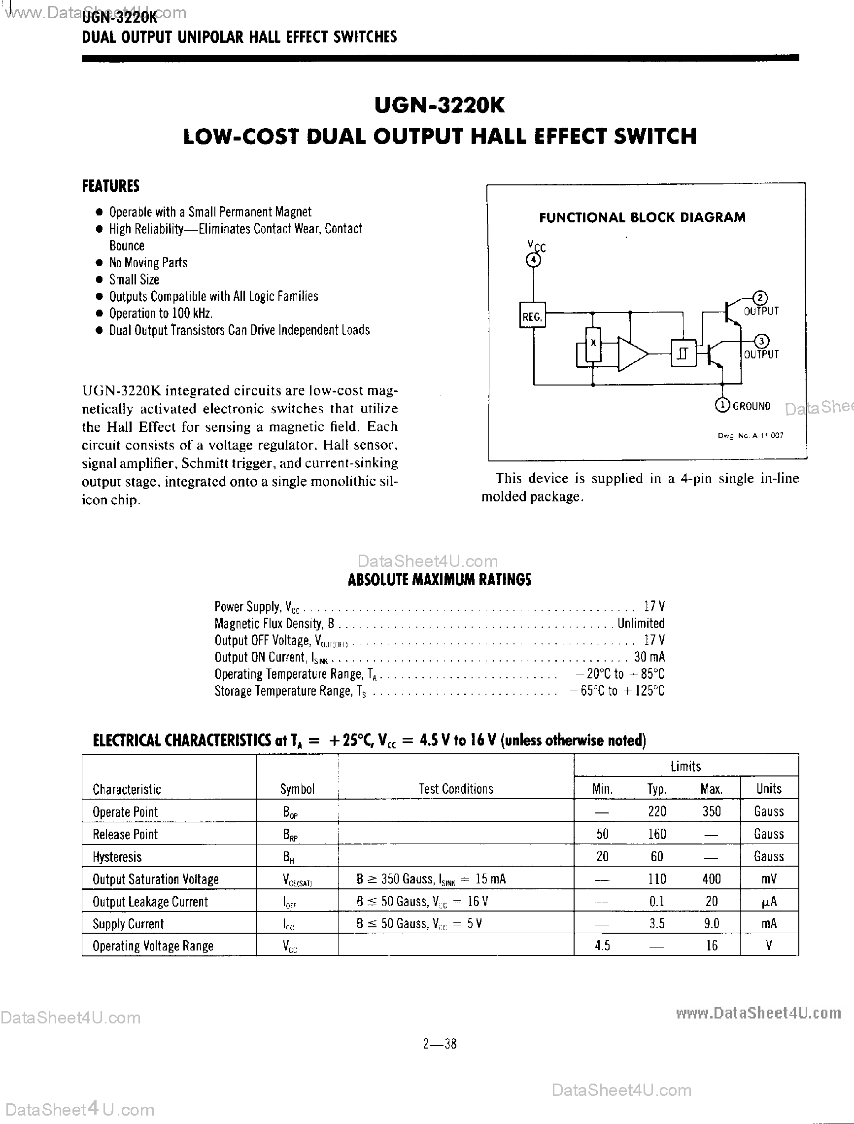 Datasheet UGN-3220K - Low Cost Dual Output Hall Effect Switch page 1