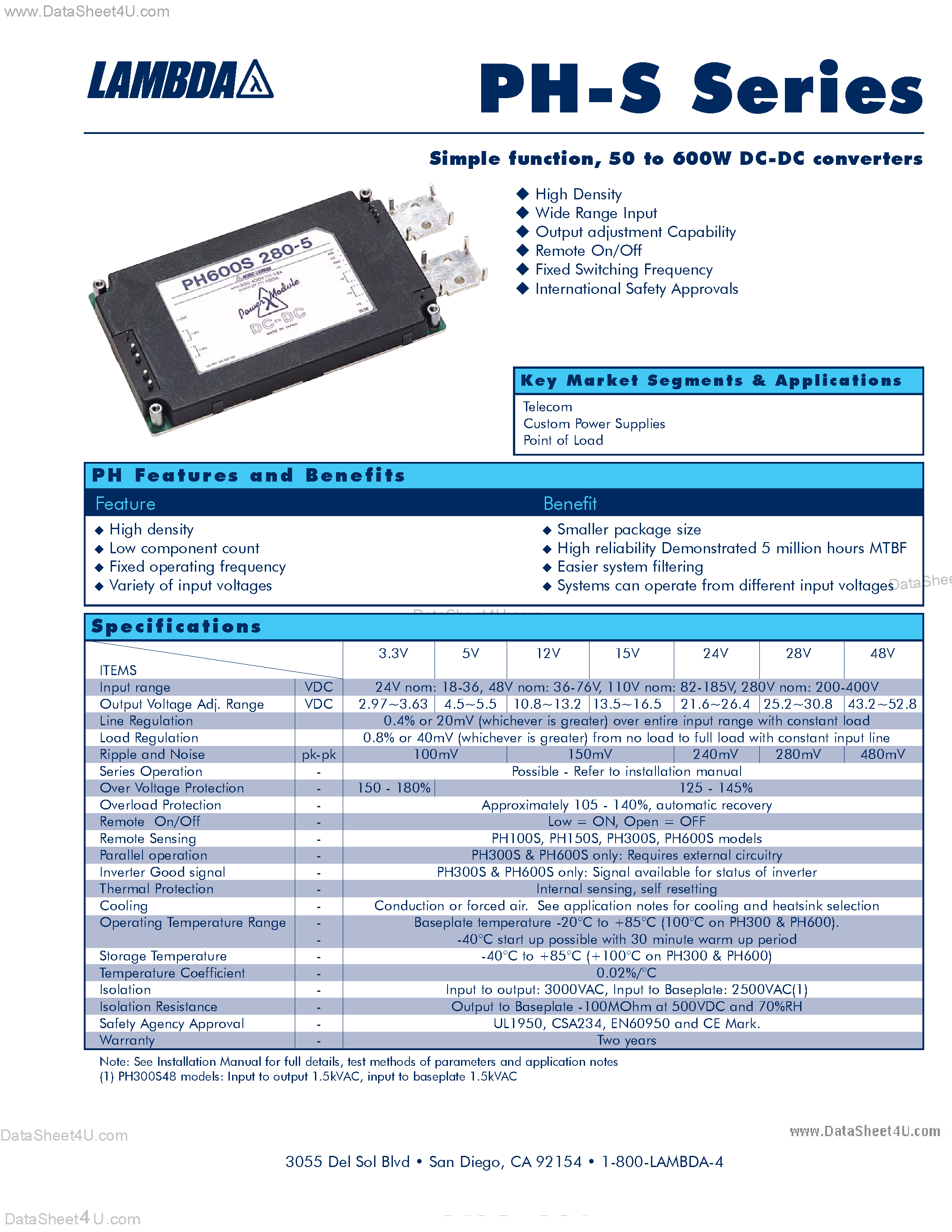 Datasheet PH75S280-24 - (PH-S Series) Simple function / 50 to 600W DC-DC converters page 1