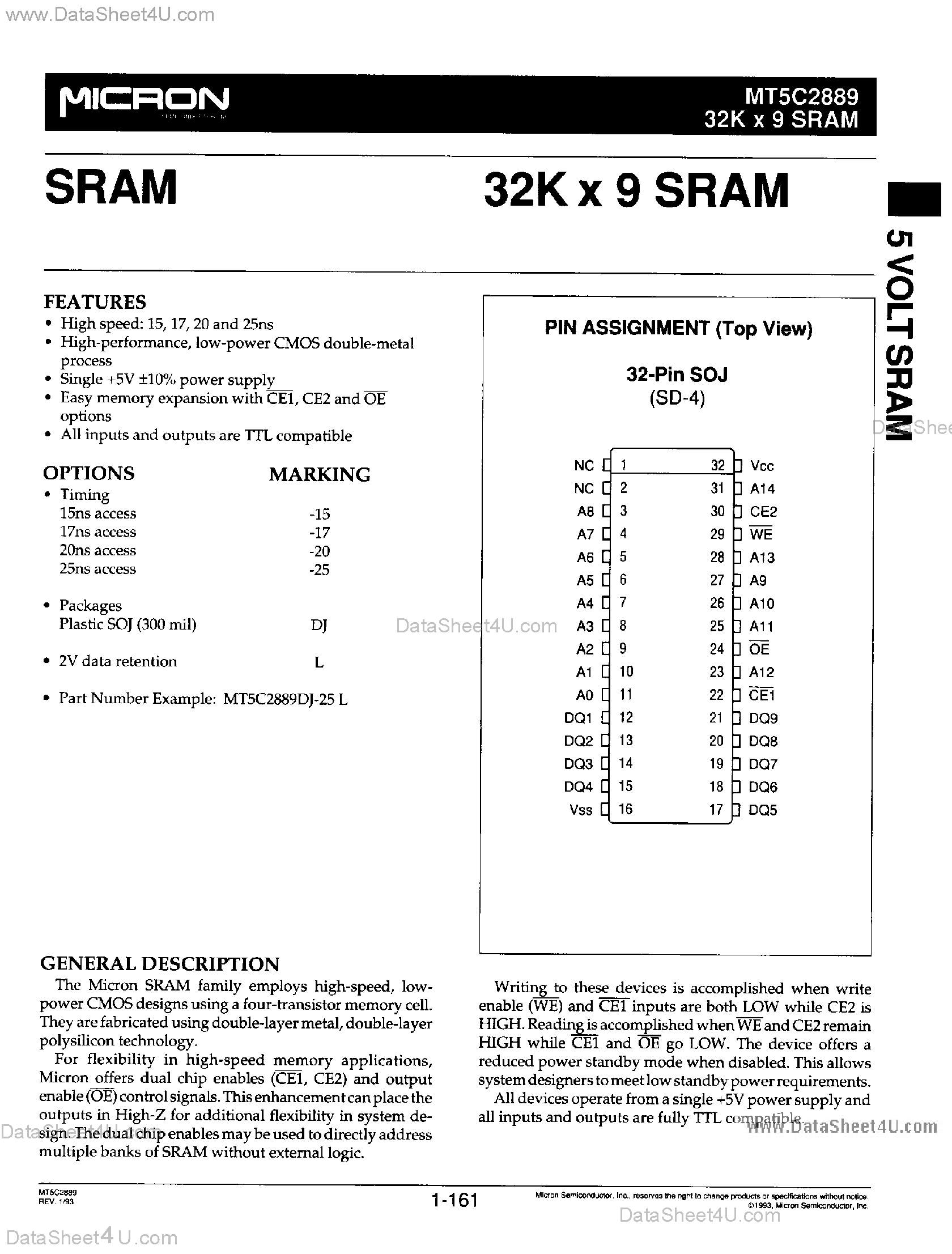 Datasheet MT5C2889 - 32K x 9 SRAM page 1