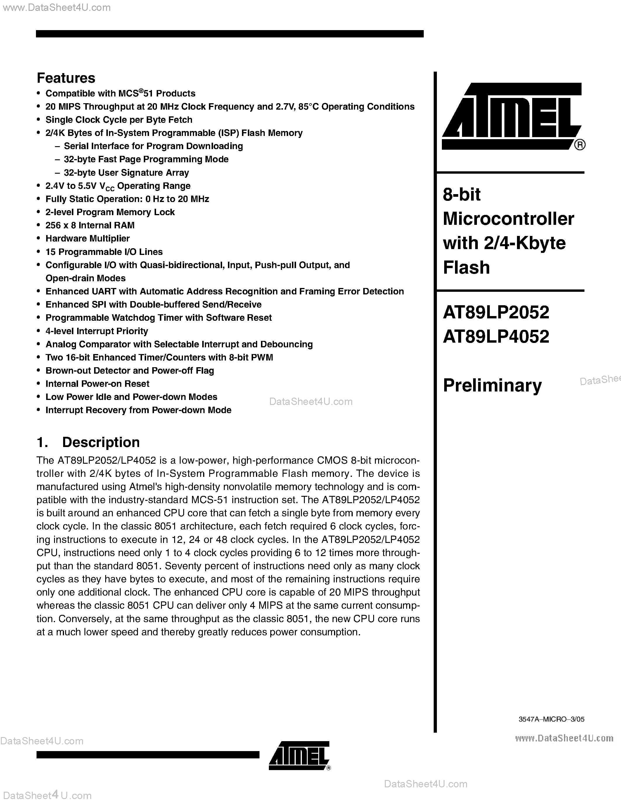 Datasheet AT89LP2052 - (AT89LP2052 / AT89LP4052) 8-bit Microcontroller with 2/4-Kbyte Flash page 1