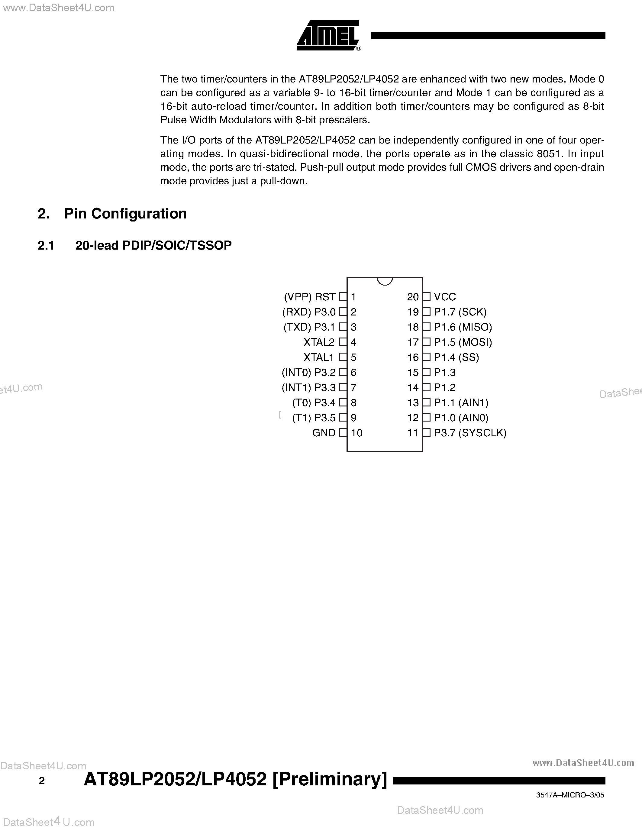 Datasheet AT89LP2052 - (AT89LP2052 / AT89LP4052) 8-bit Microcontroller with 2/4-Kbyte Flash page 2