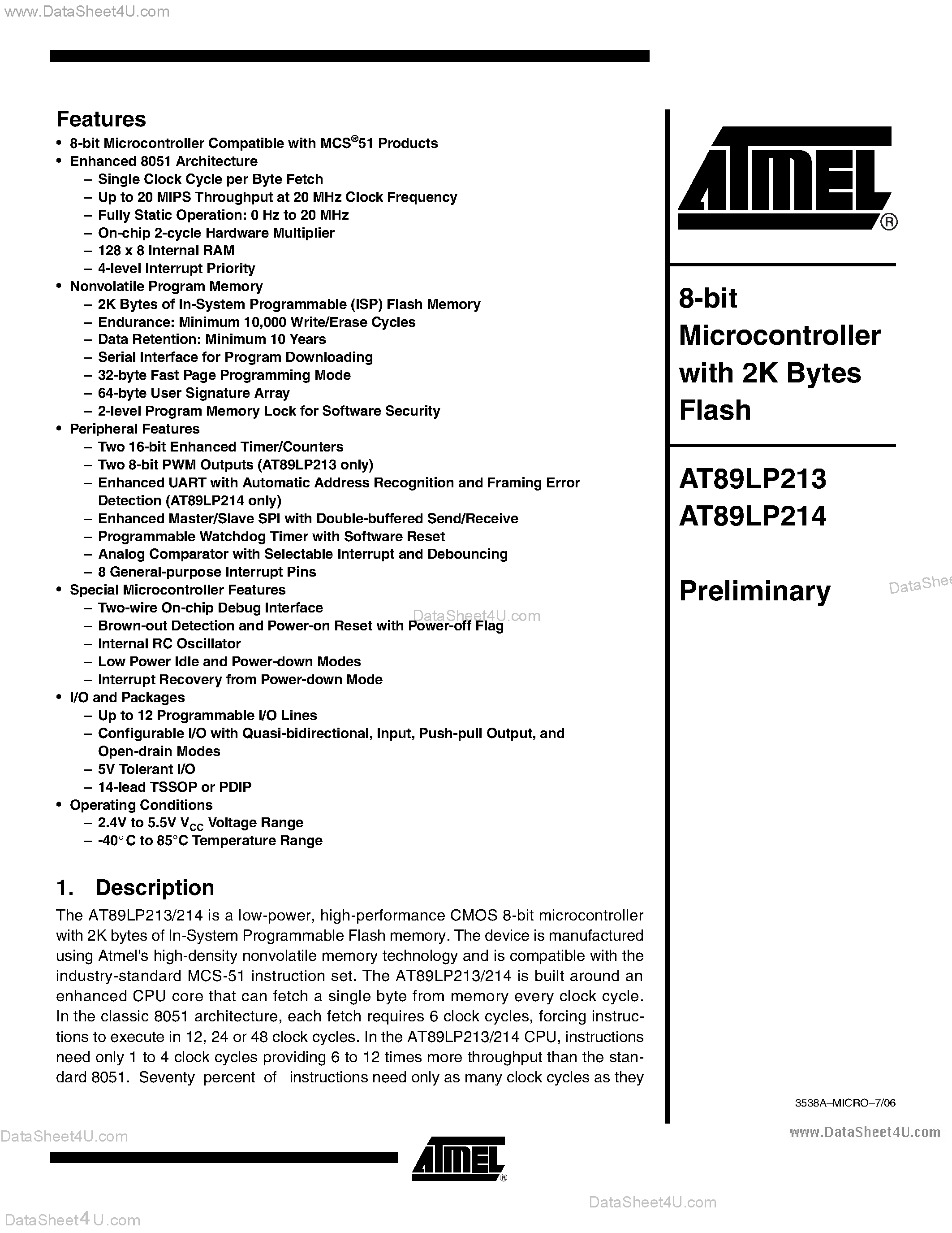 Datasheet AT89LP213 - (AT89LP213 / AT89LP214) 8-bit Microcontroller with 2-Kbyte Flash page 1