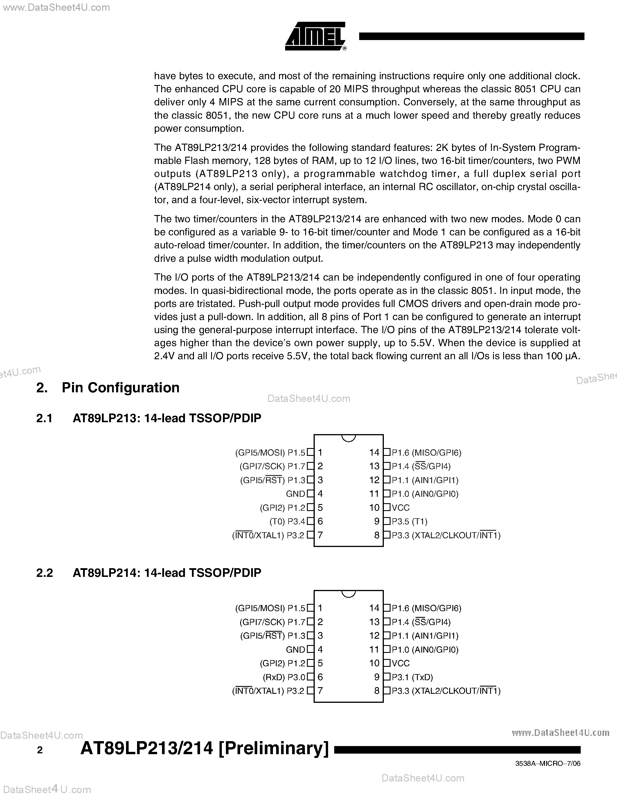 Datasheet AT89LP213 - (AT89LP213 / AT89LP214) 8-bit Microcontroller with 2-Kbyte Flash page 2