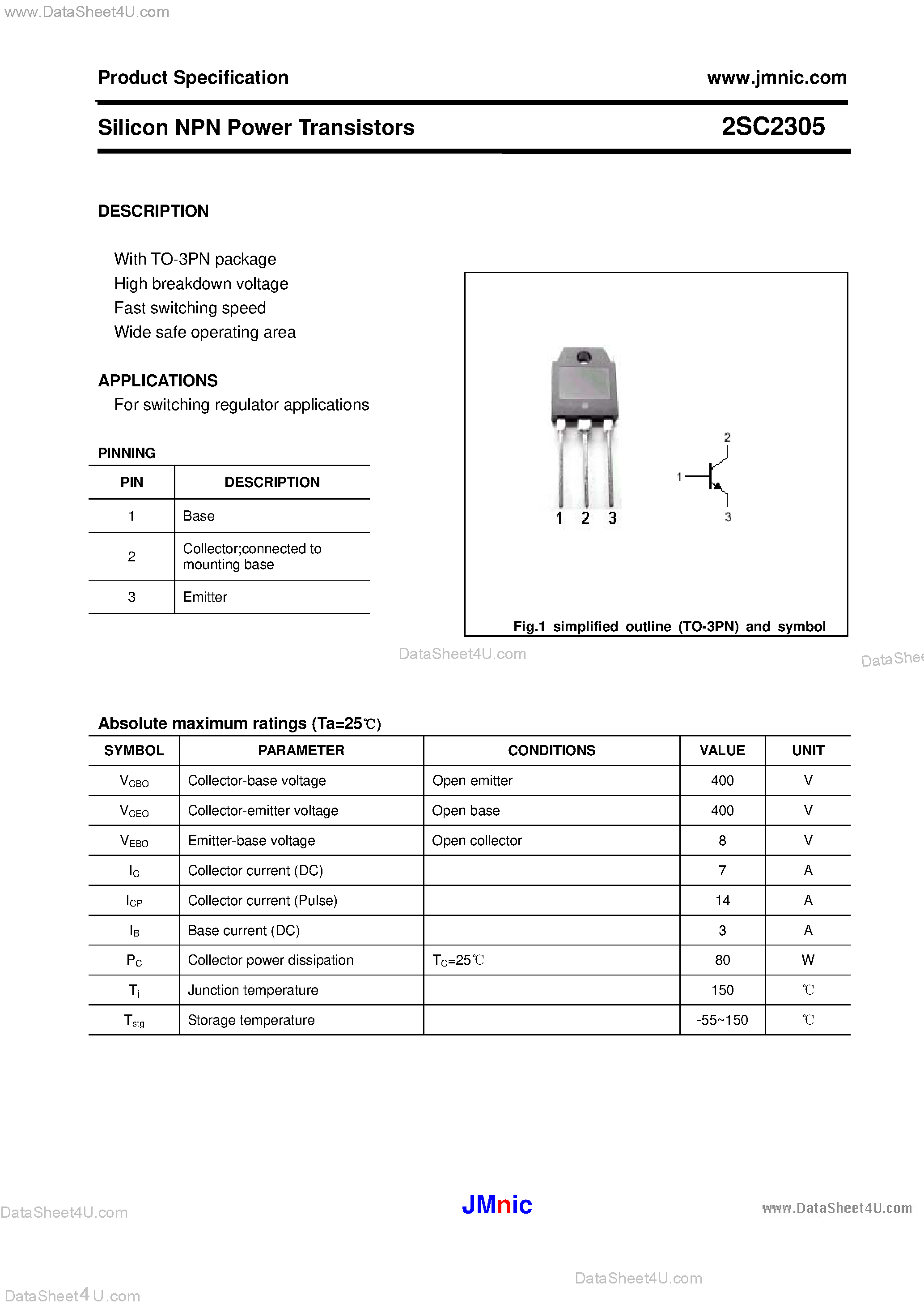 Datasheet 2SC2305 page 1 Datasheet 2SC2305 - Silicon NPN Power Transistors page 1