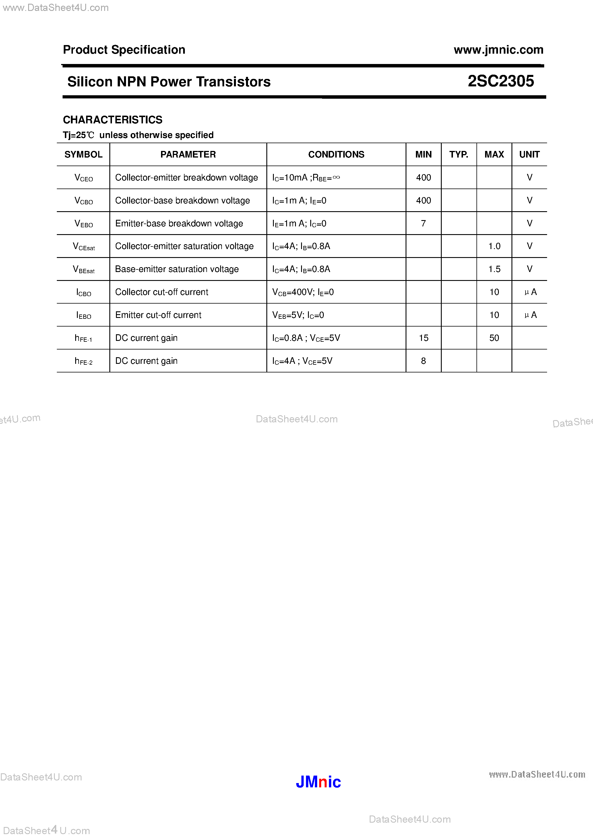 Datasheet 2SC2305 page 2 Datasheet 2SC2305 - Silicon NPN Power Transistors page 2