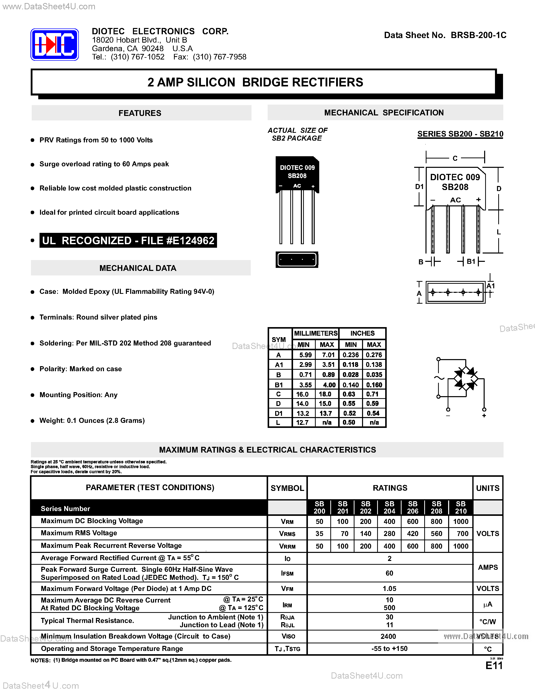 Datasheet SB200 - (SB200 - SB210) 2 Amp SIlicon Bridge Rectifiers page 1