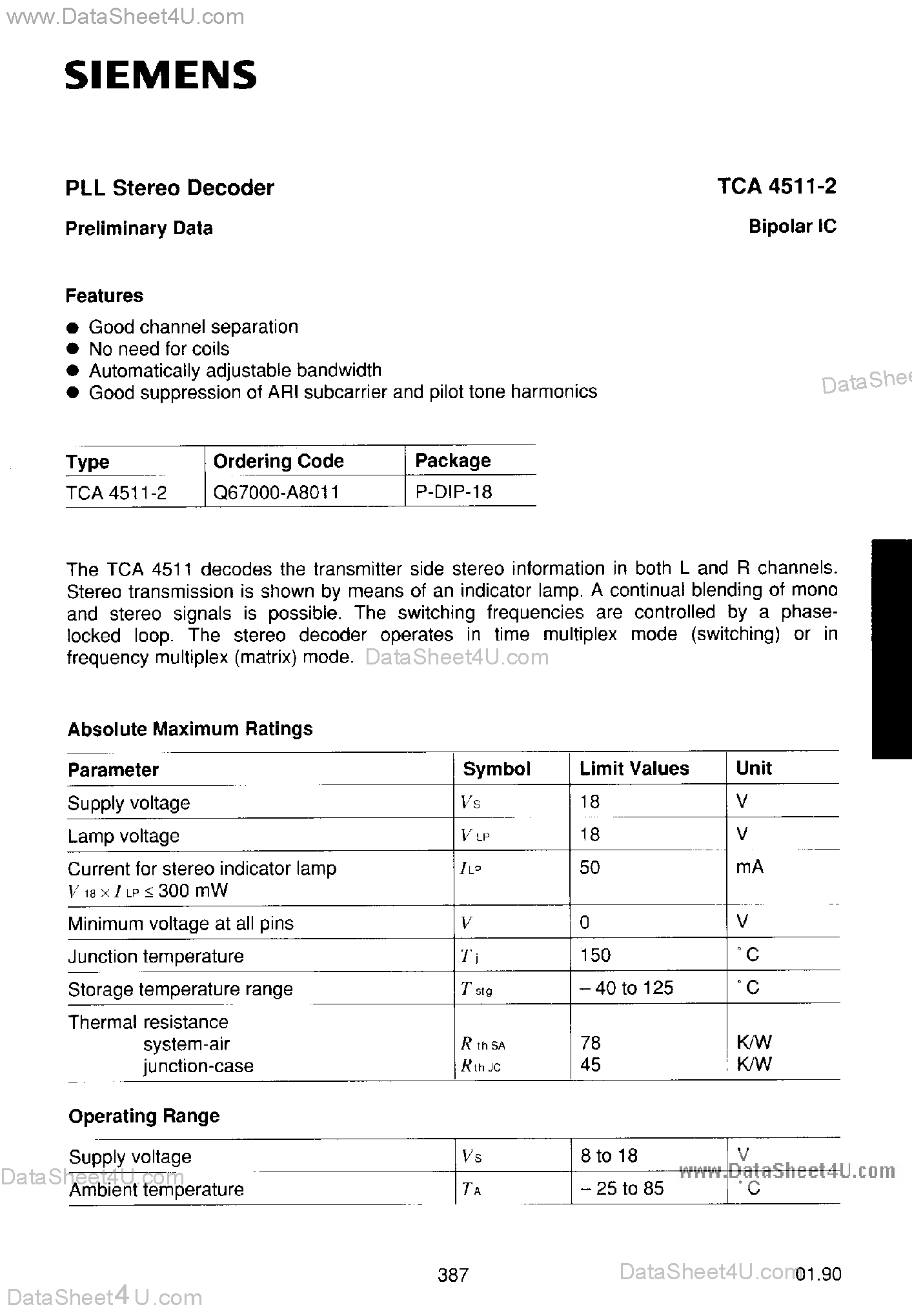 Datasheet TCA4511-2 page 1 Datasheet TCA4511-2 - PLL Stereo Decoder page 1