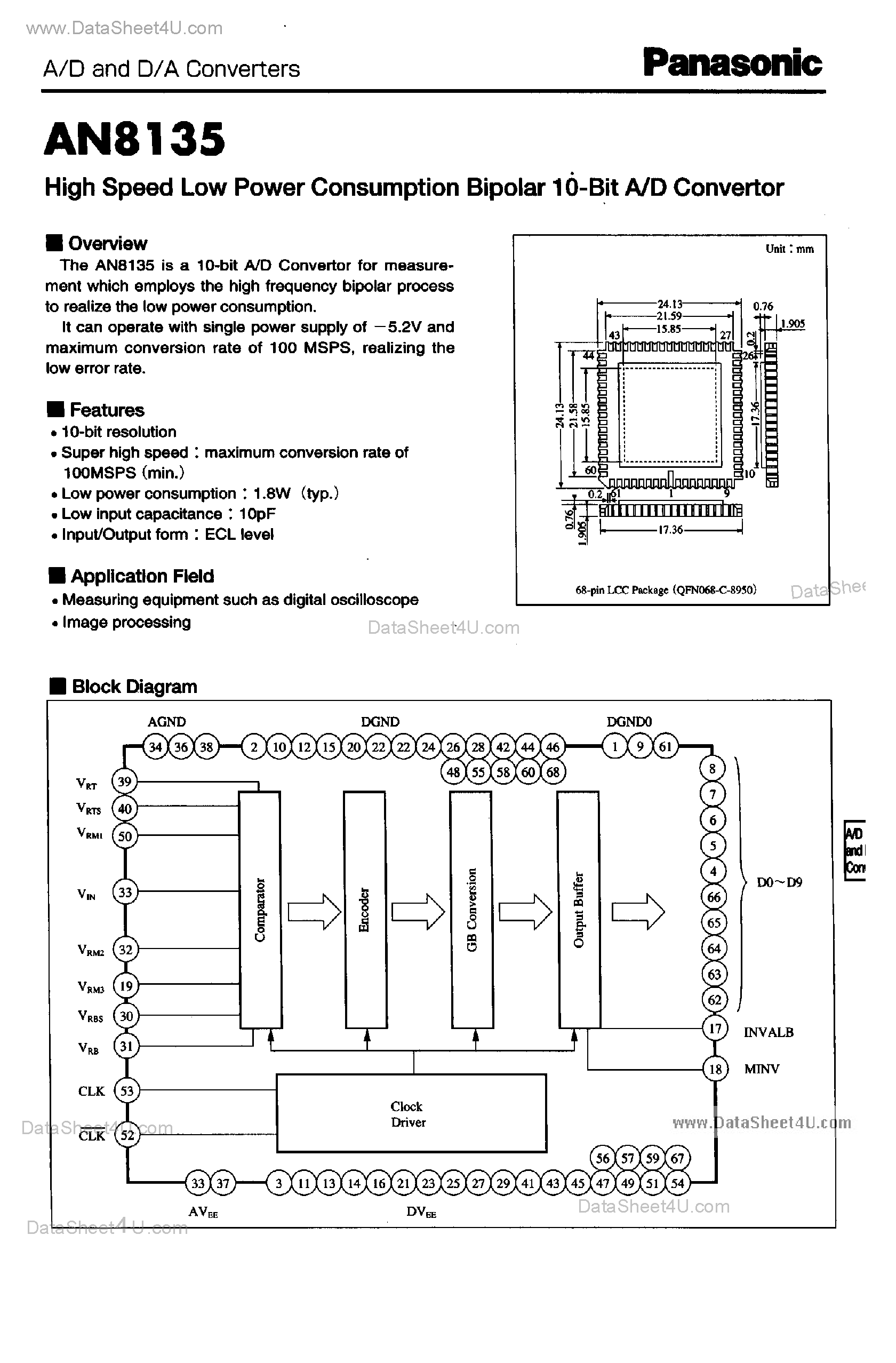Даташит на микросхему AN8135 страница 1 Даташит AN8135 - High Speed Low Power Consumption Bipolar 10-Bit A/D Converter страница 1