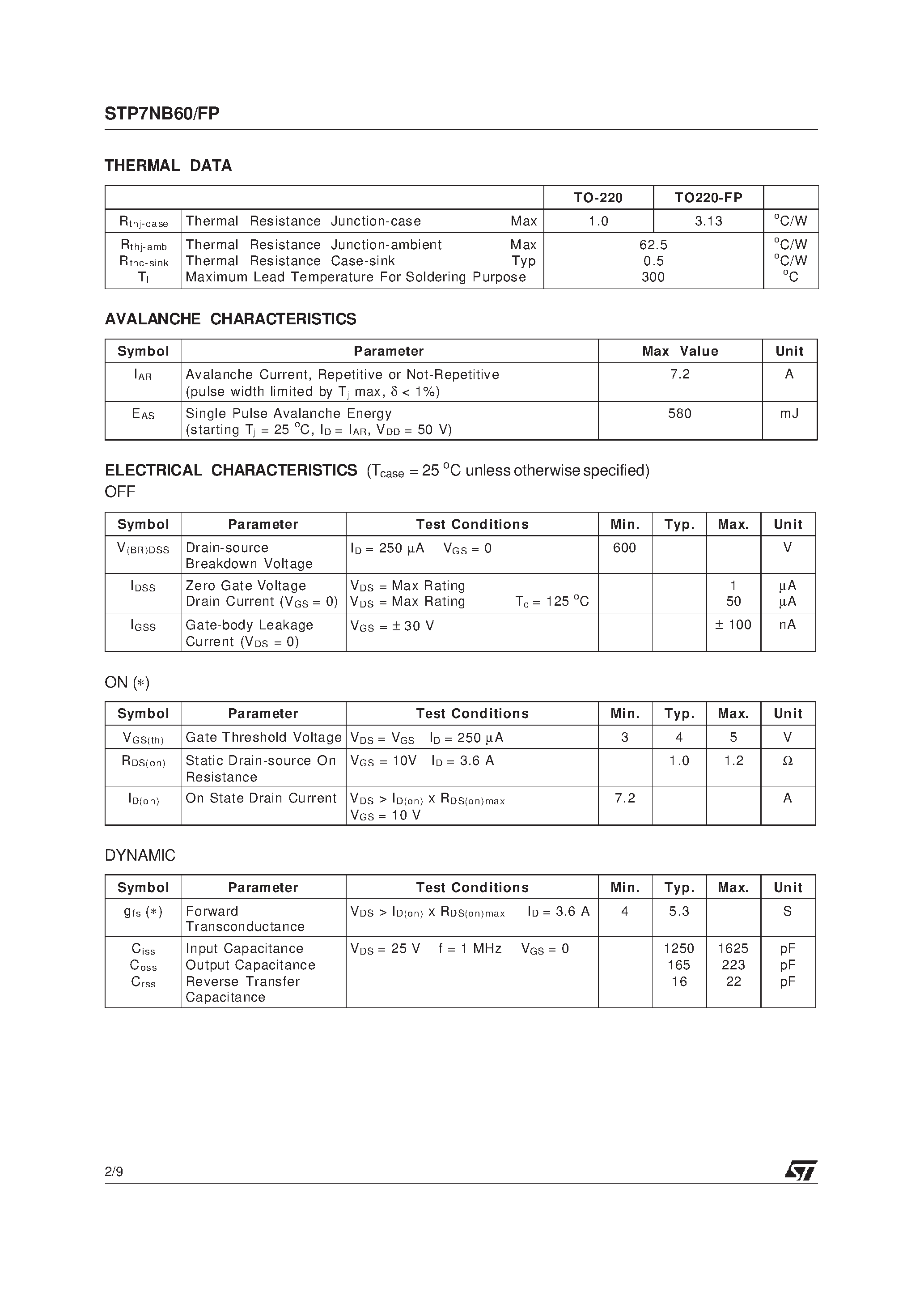 Datasheet STP7NB60 page 2 Datasheet STP7NB60 - N - CHANNEL ENHANCEMENT MODE PowerMESH MOSFET page 2