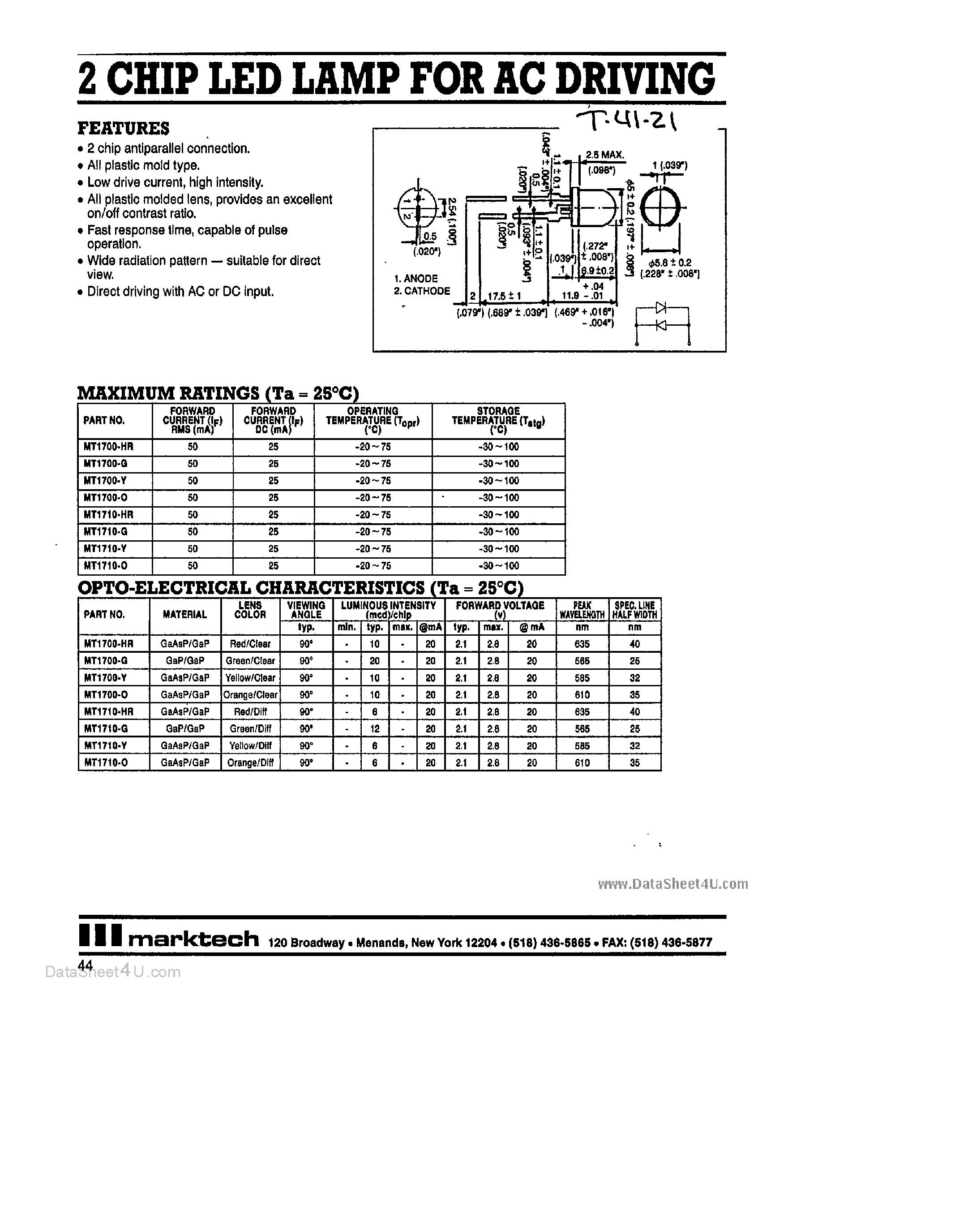 Datasheet MT1700 - 2 CHIP LED LAMP FOR AC DRIVING page 1