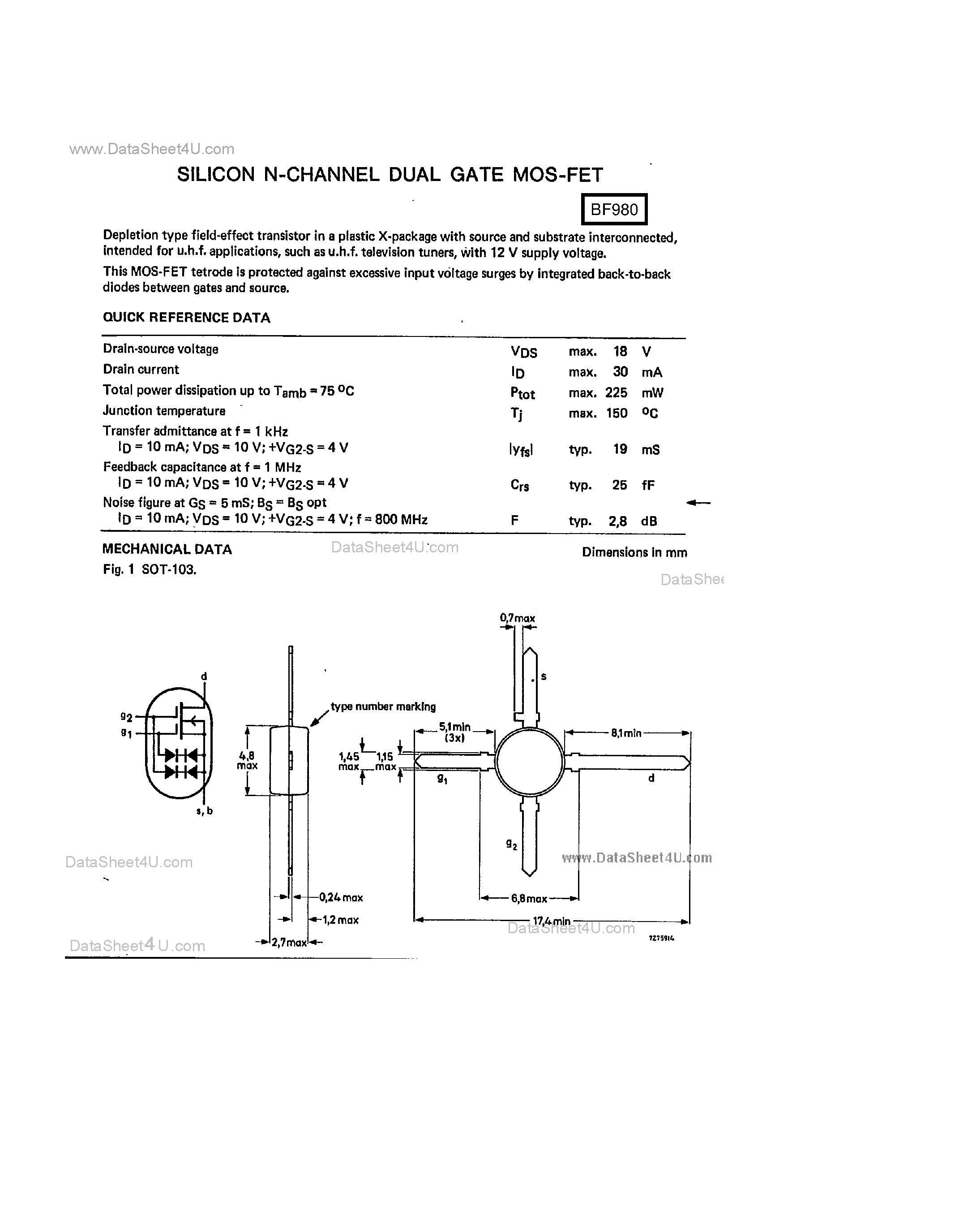 Datasheet BF980 - Silicon N-Channel Dual Gate MOS-FET page 1
