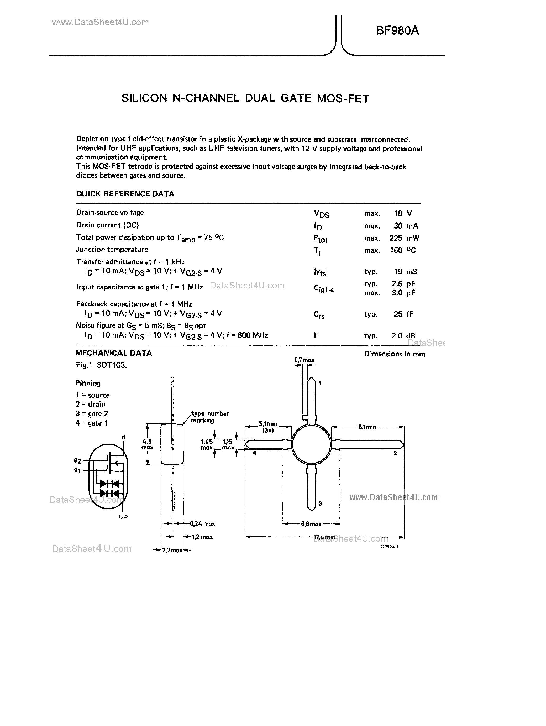 Datasheet BF980A - Silicon N-Channel Dual Gate MOS-FET page 1