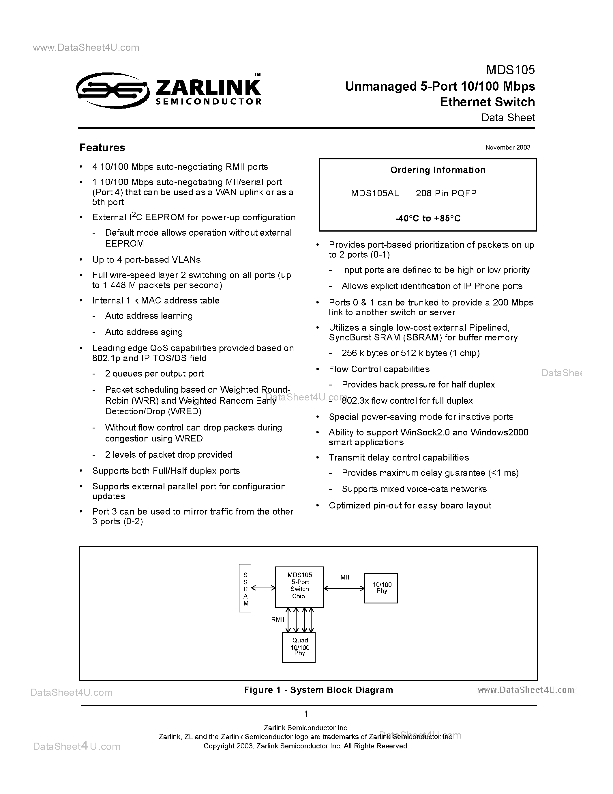 Datasheet MDS105 - Unmanaged 5-Port 10/100 Mbps Ethernet Switch page 1