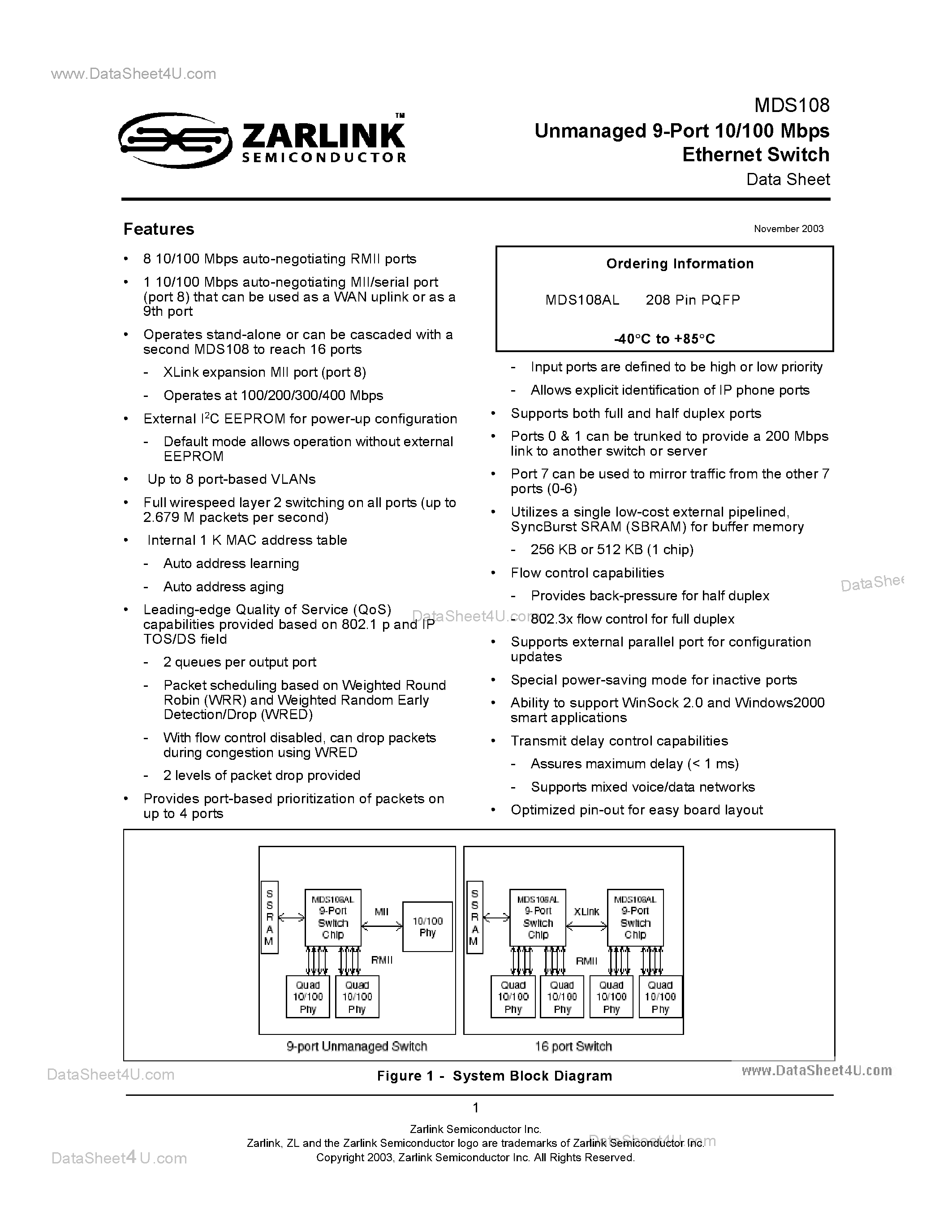 Datasheet MDS108 - Unmanaged 9-Port 10/100 Mbps Ethernet Switch page 1