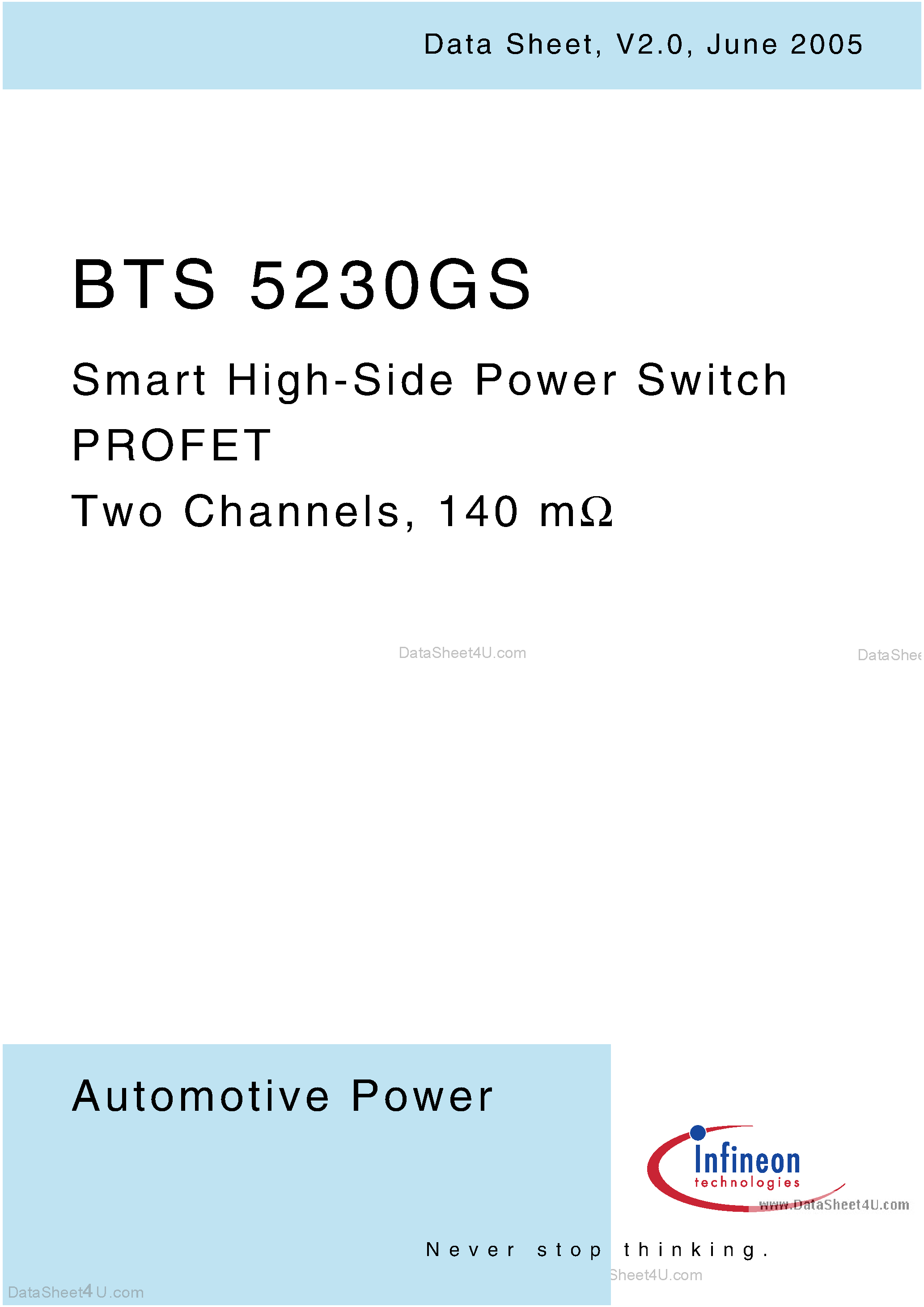 Даташит на микросхему BTS5230GS страница 1 Даташит BTS5230GS - Smart High-Side Power Switch PROFET страница 1