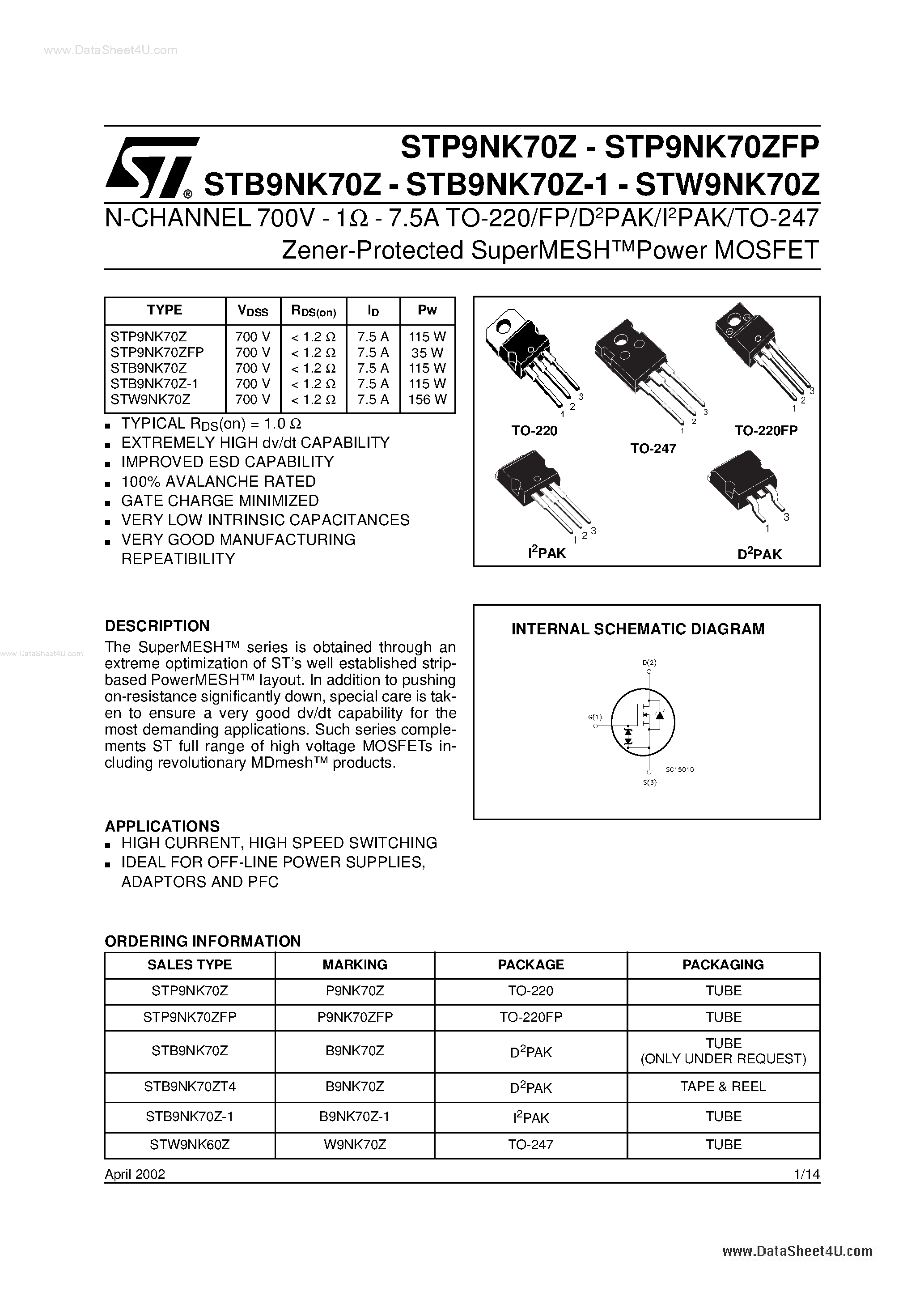 Datasheet P9NK70ZFP - Search -----> STP9NK70ZFP page 1