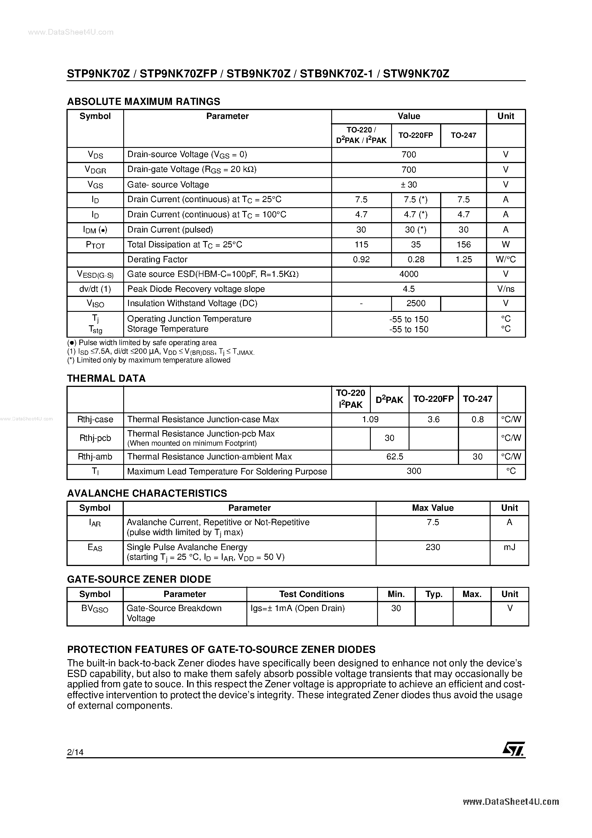 Datasheet P9NK70ZFP - Search -----> STP9NK70ZFP page 2