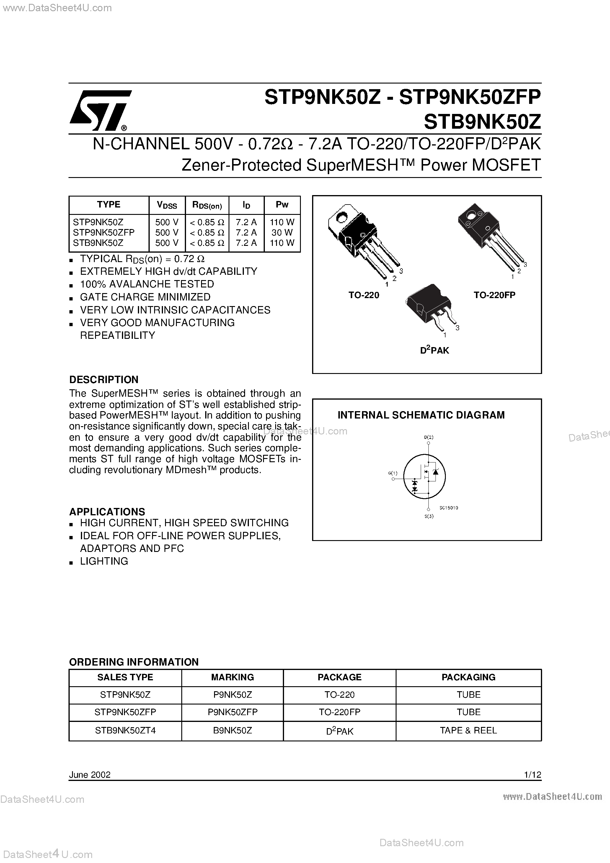 Datasheet STP9NK50Z - N-CHANNEL Power MOSFET page 1