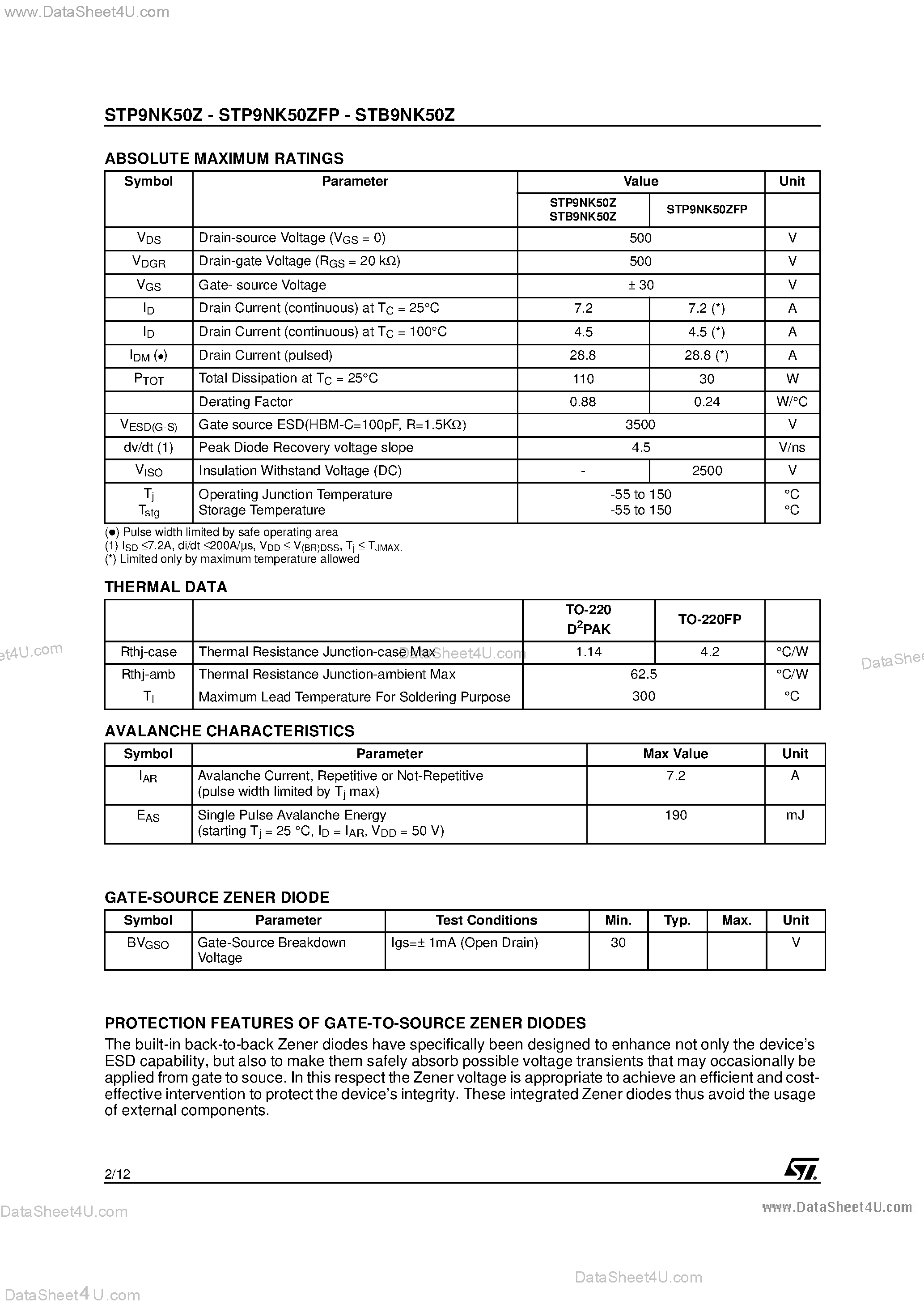 Datasheet STP9NK50Z - N-CHANNEL Power MOSFET page 2