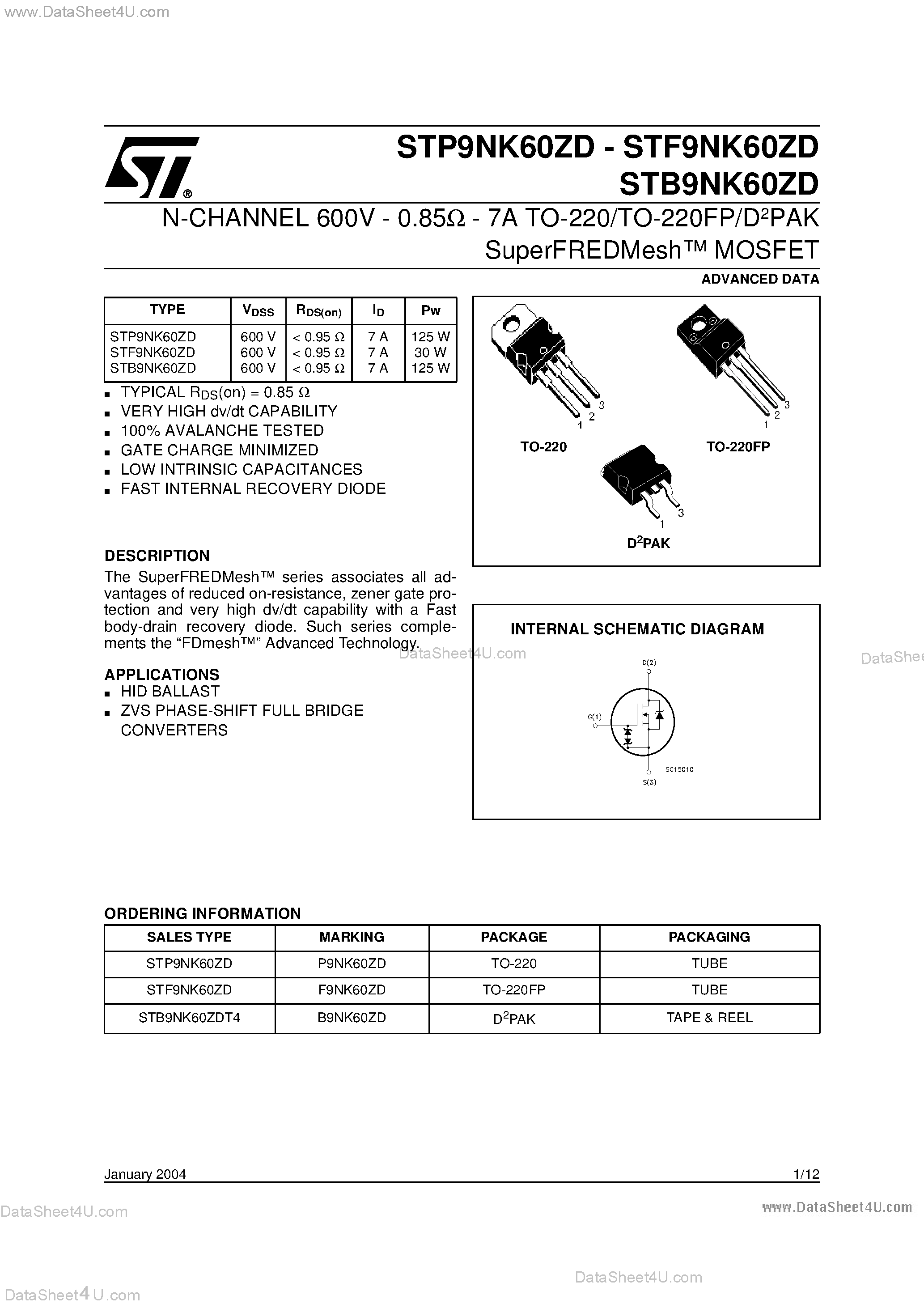 Datasheet STP9NK60ZD page 1 Datasheet STP9NK60ZD - N-CHANNEL Power MOSFET page 1