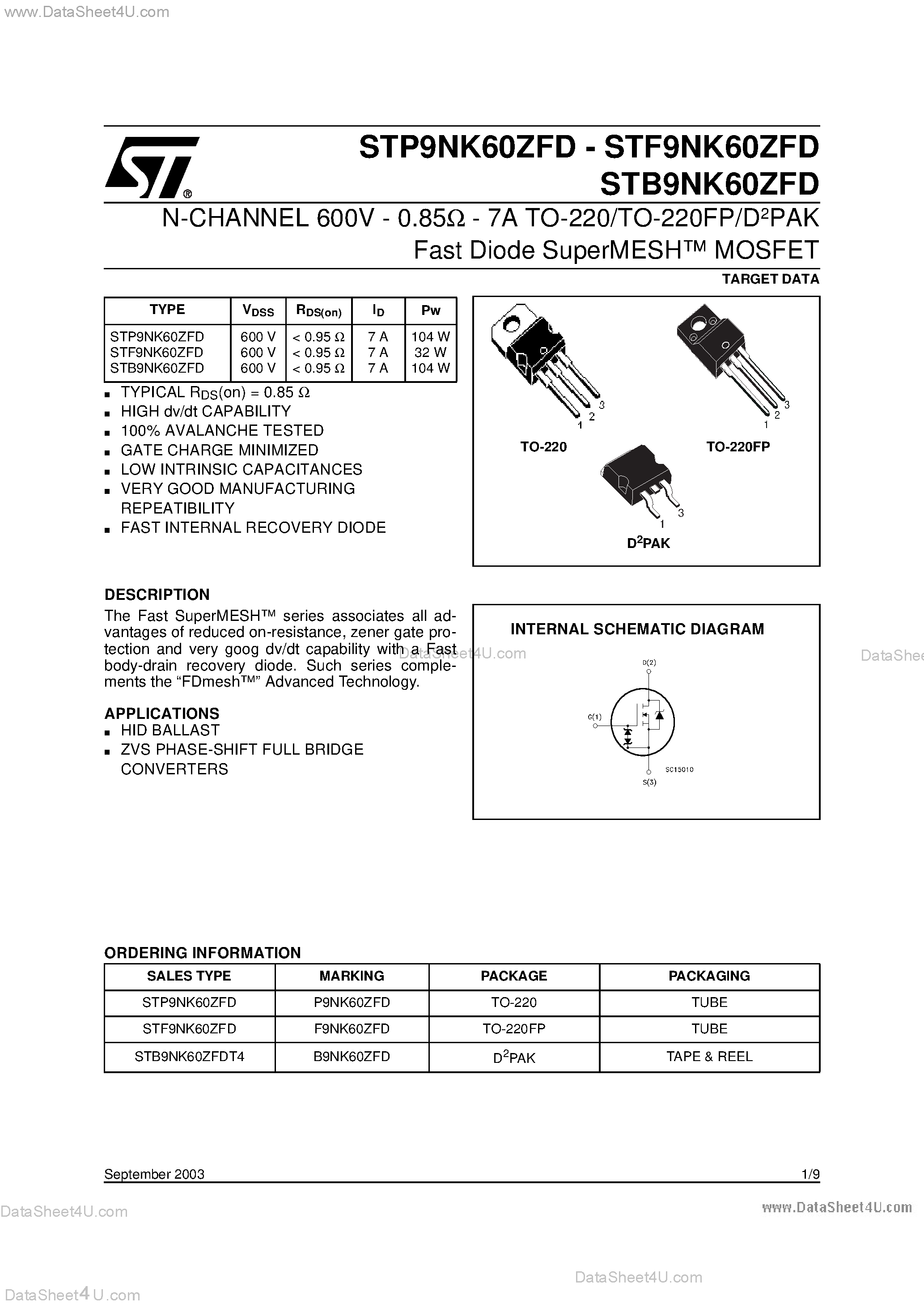 Datasheet STP9NK60ZFD - N-CHANNEL Power MOSFET page 1