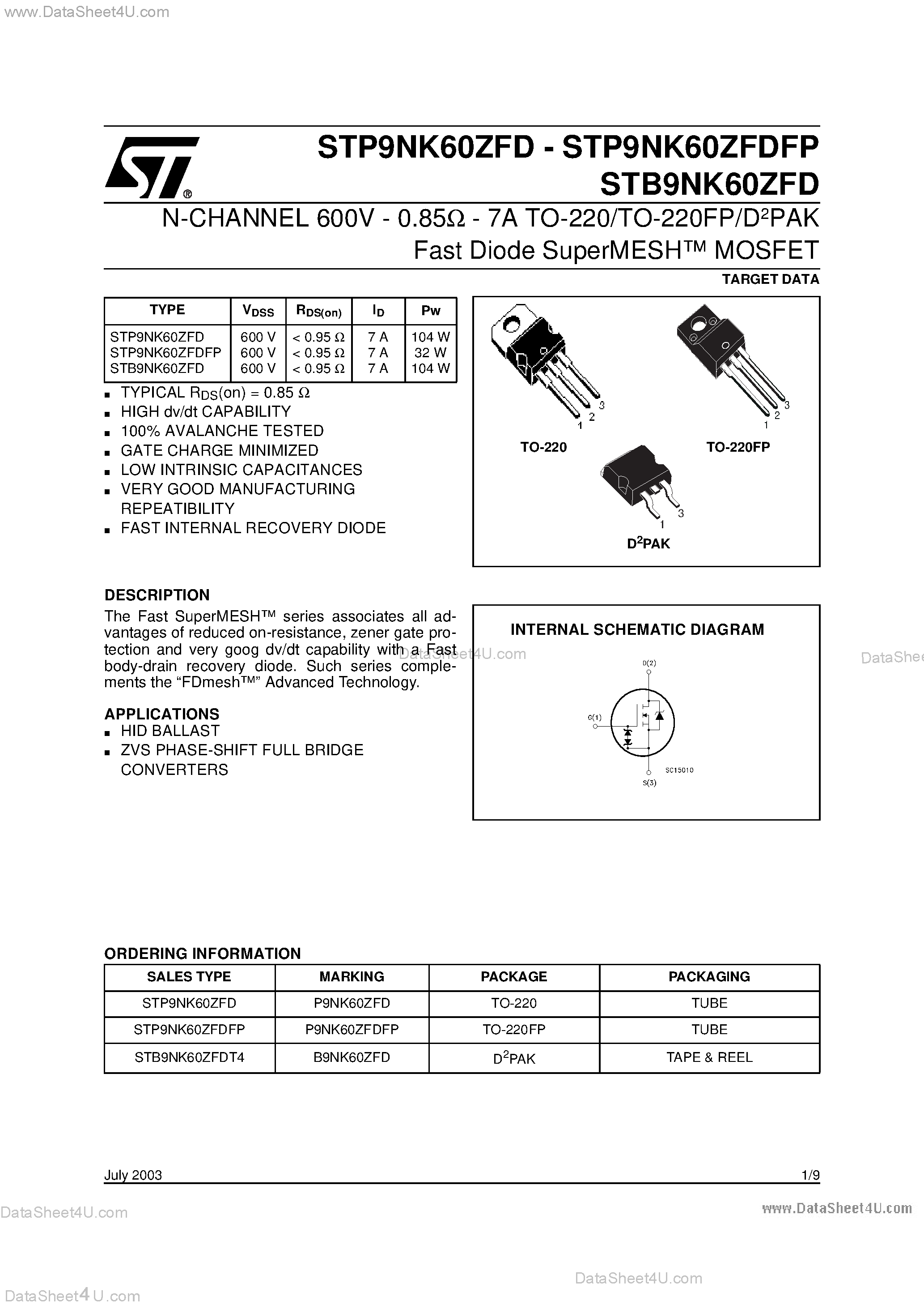 Datasheet STP9NK60ZFDFP - N-CHANNEL Power MOSFET page 1