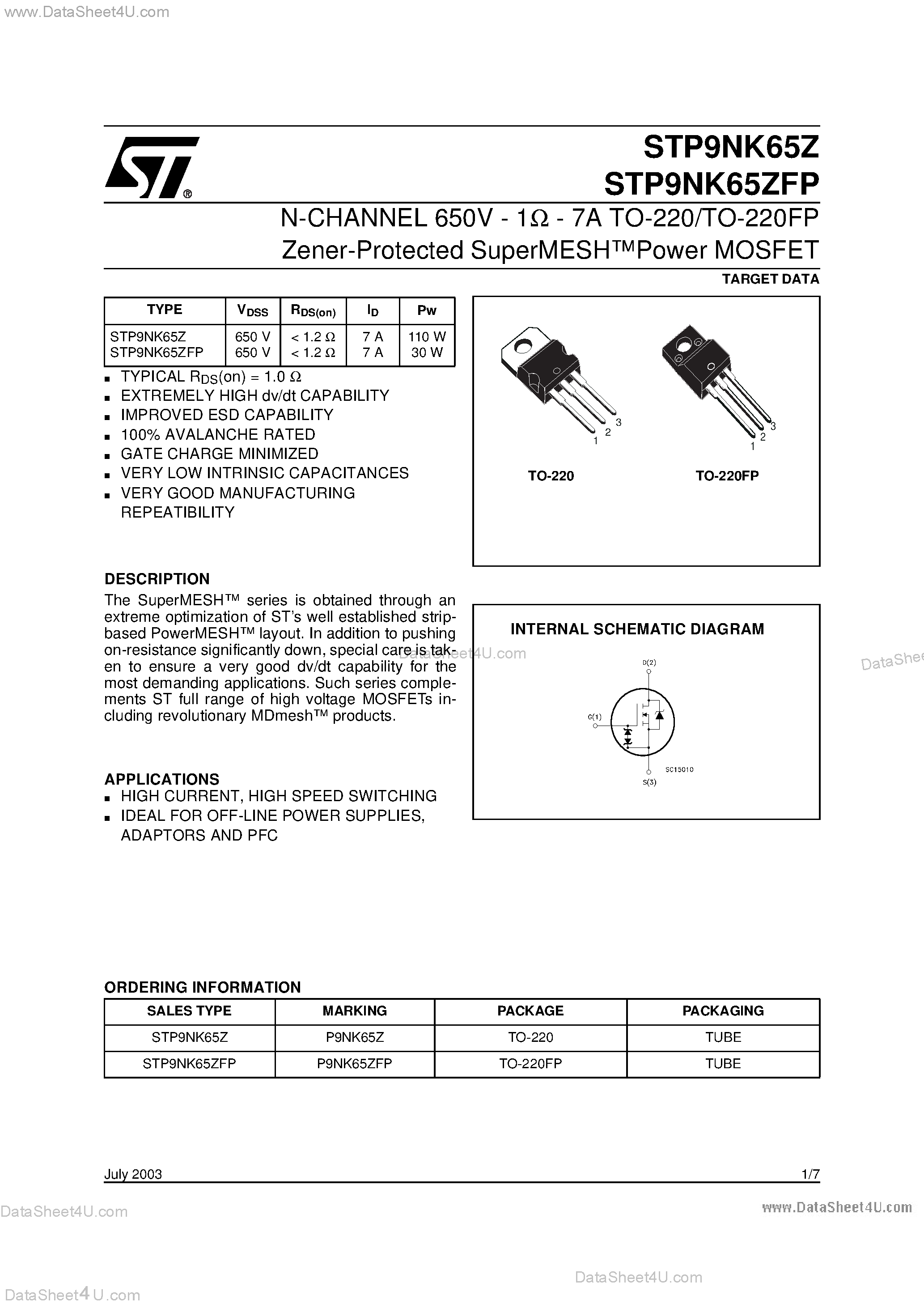 Datasheet STP9NK65Z page 1 Datasheet STP9NK65Z - N-CHANNEL Power MOSFET page 1