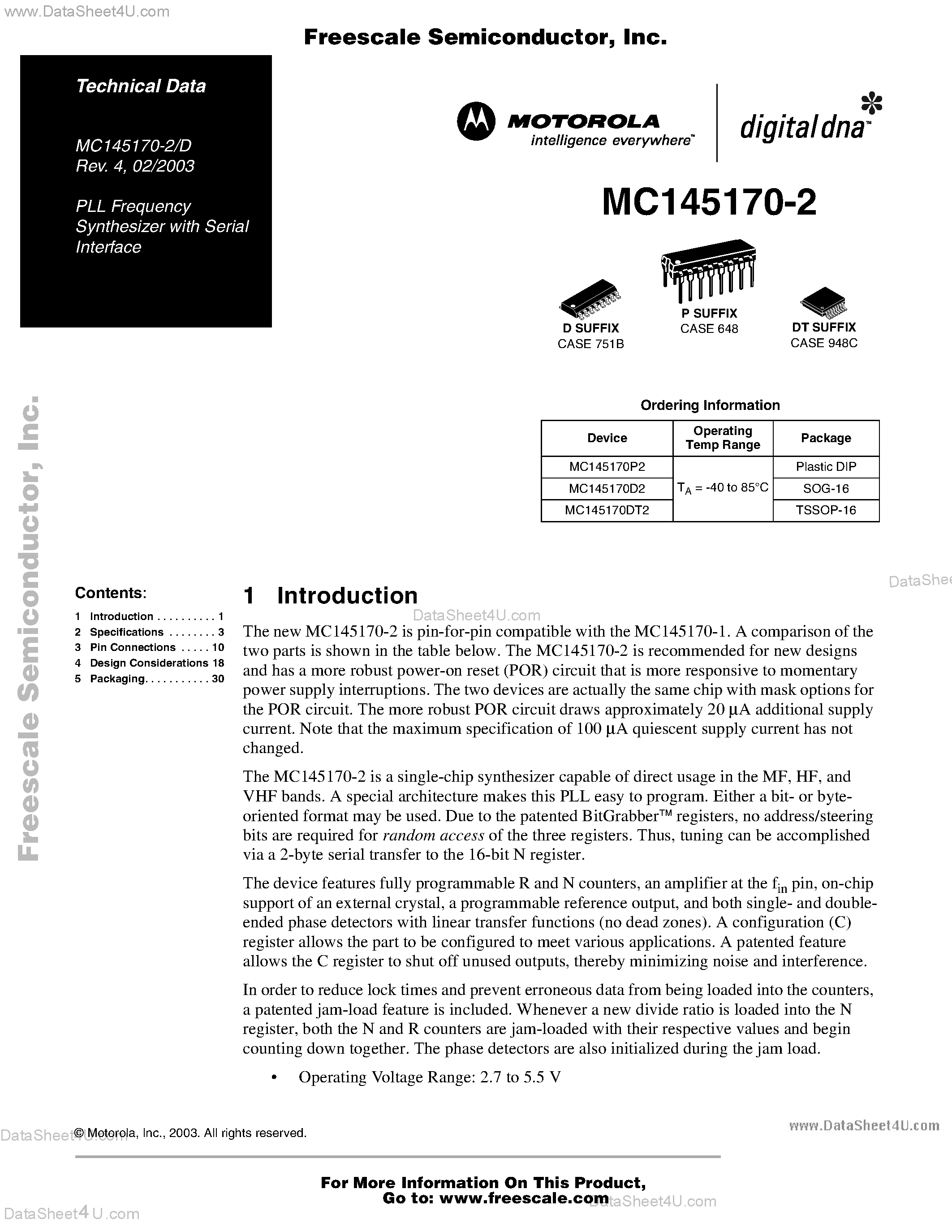 Datasheet MC145170-2 page 1 Datasheet MC145170-2 - PLL Frequency Synthesizer with Serial Interface page 1