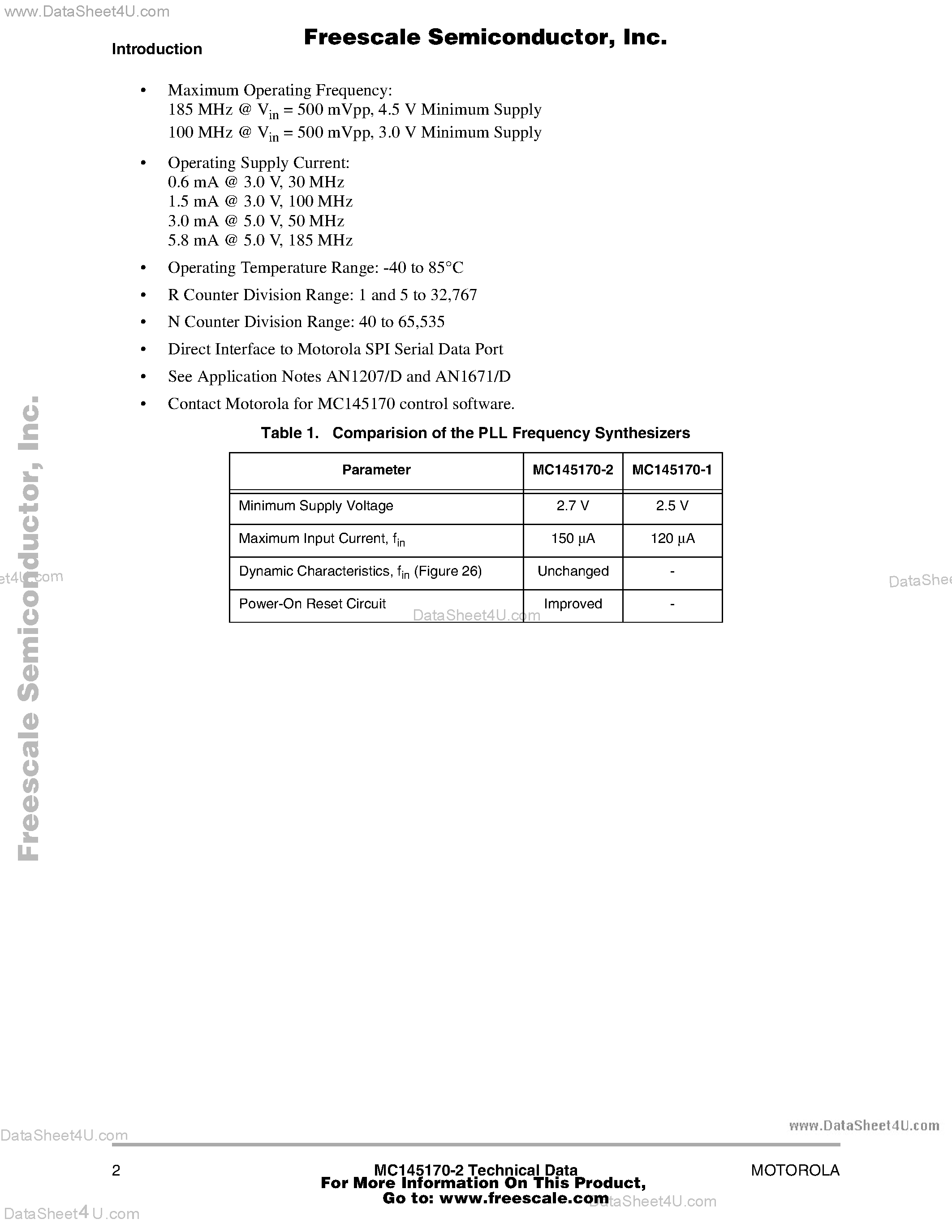 Datasheet MC145170-2 page 2 Datasheet MC145170-2 - PLL Frequency Synthesizer with Serial Interface page 2