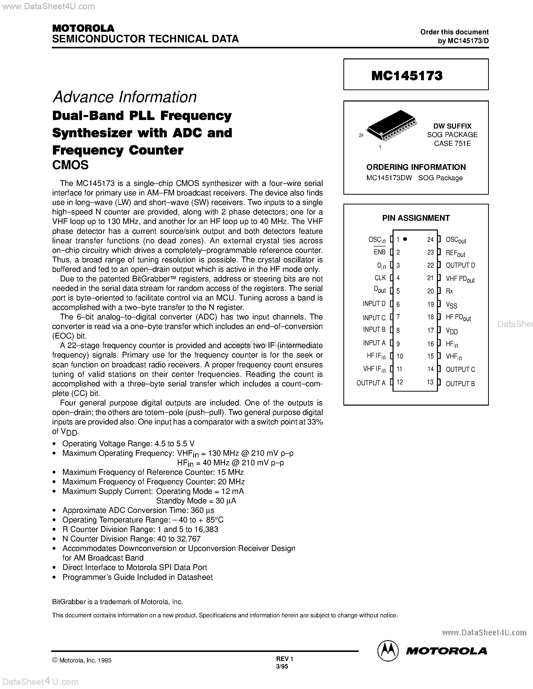 Даташит на микросхему MC145173 страница 1 Даташит MC145173 - Dual-Band PLL Frequency Synthesizer with ADC and Frequency Counter страница 1