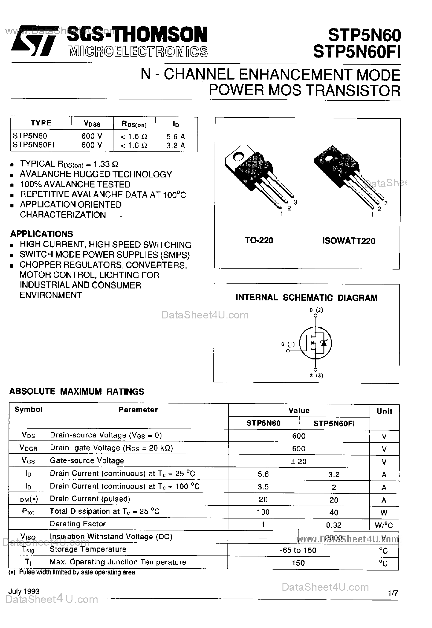 Datasheet STP5N60 page 1 Datasheet STP5N60 - N-Channel Enhancement Mode Power MOS Transistor page 1