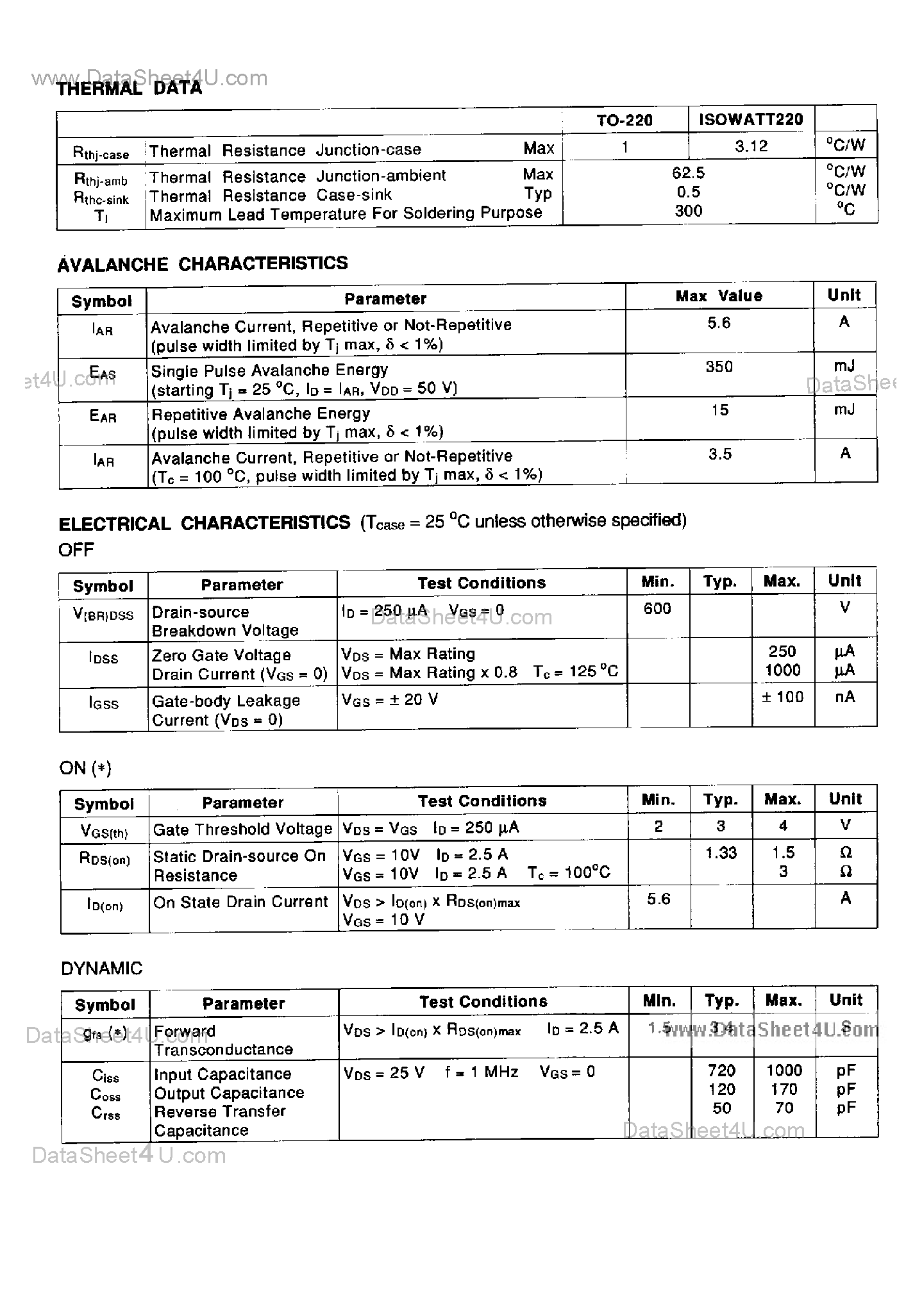Datasheet STP5N60 page 2 Datasheet STP5N60 - N-Channel Enhancement Mode Power MOS Transistor page 2