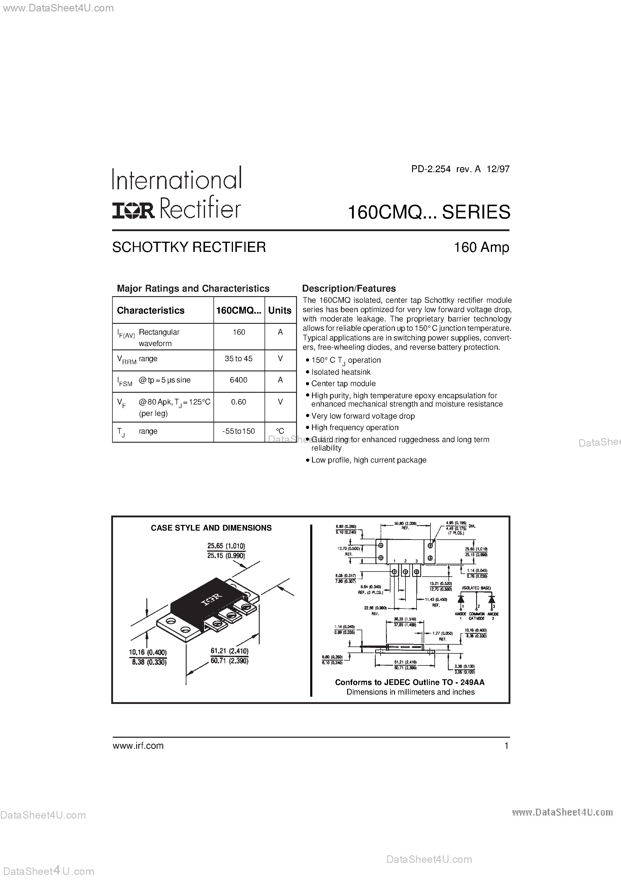 Datasheet 160CMQ - SCHOTTKY RECTIFIER page 1