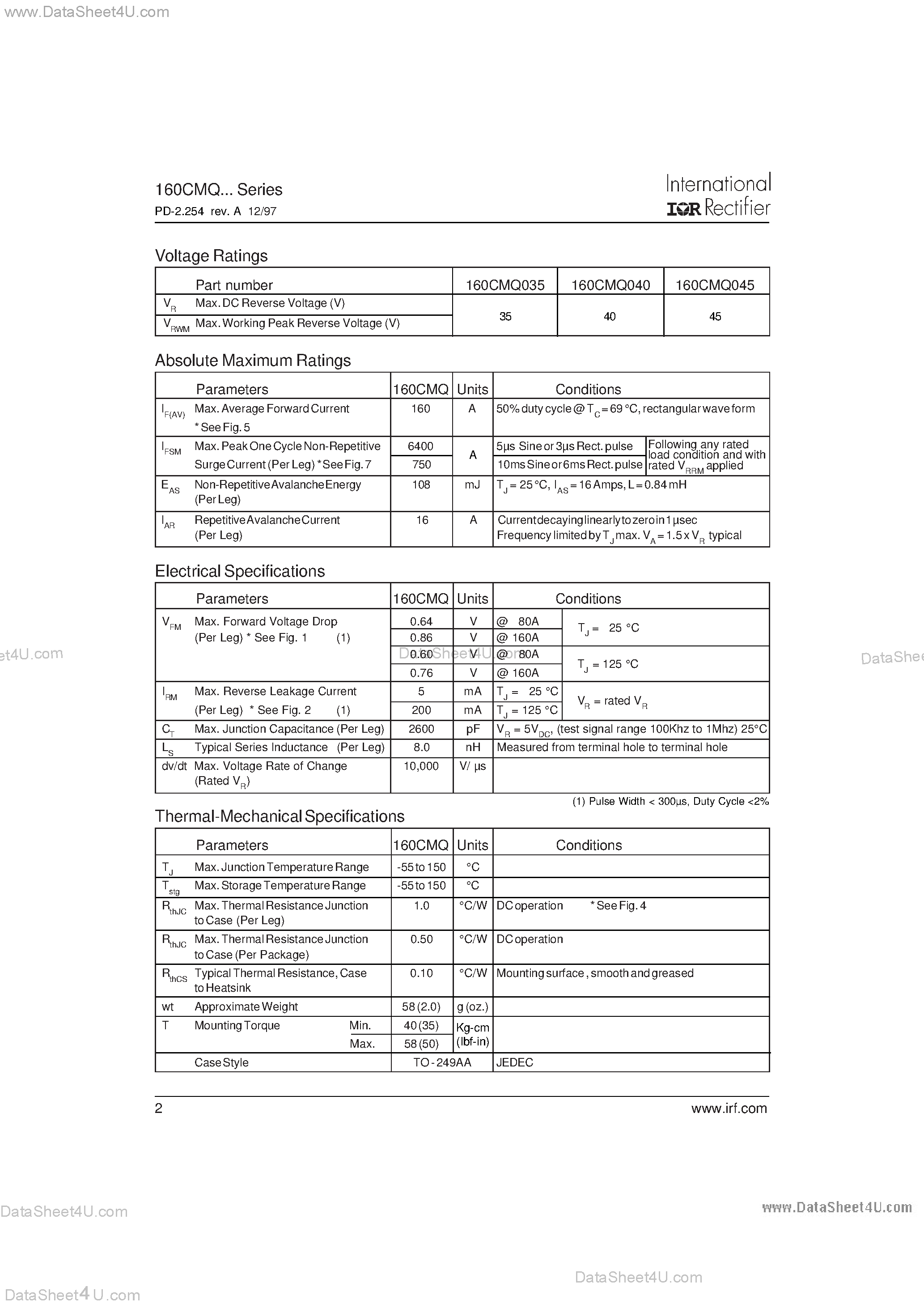 Datasheet 160CMQ - SCHOTTKY RECTIFIER page 2
