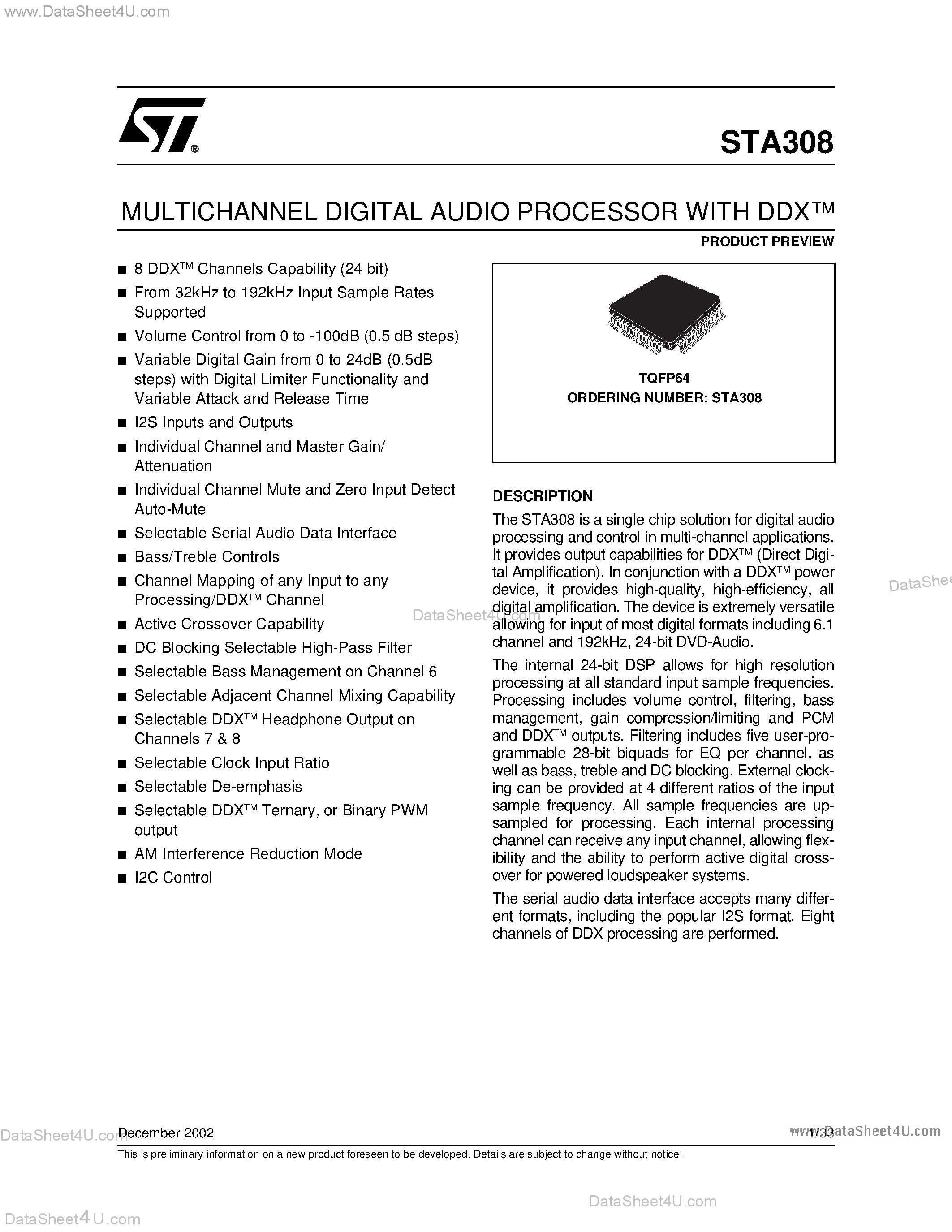 Datasheet STA308 page 1 Datasheet STA308 - MULTICHANNEL DIGITAL AUDIO PROCESSOR WITH DDX page 1