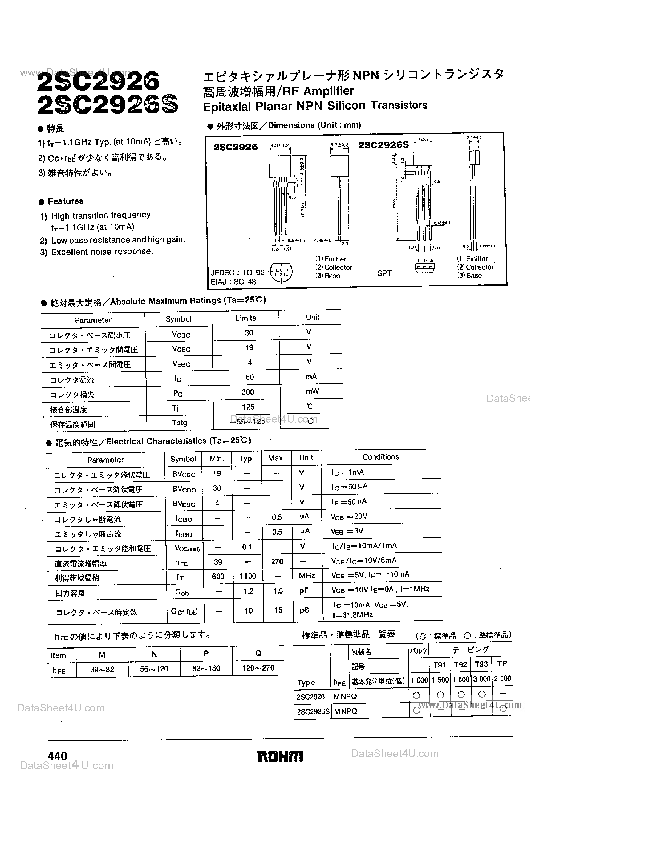 Datasheet 2SC2926 - RF Amplifier NPN Transistor page 1