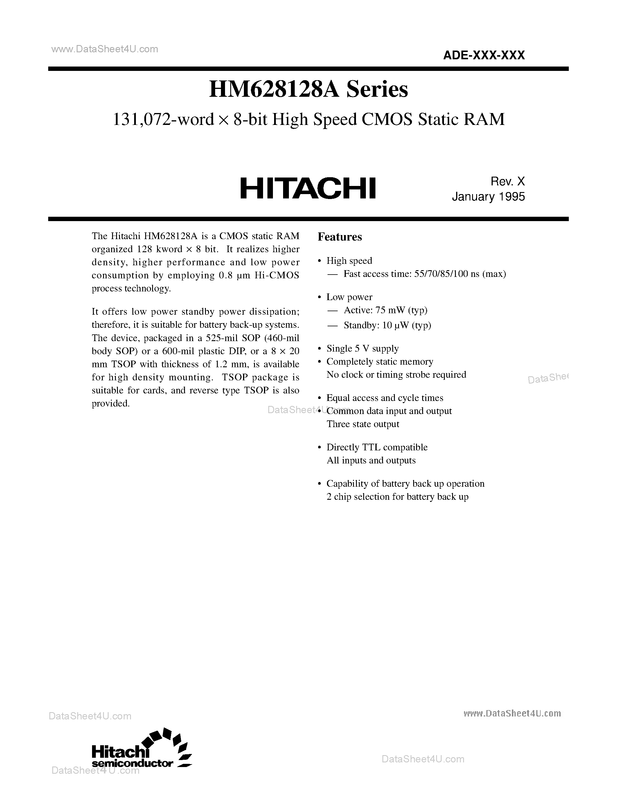 Даташит на микросхему HM628128A страница 1 Даташит HM628128A - High Speed CMOS Static RAM страница 1