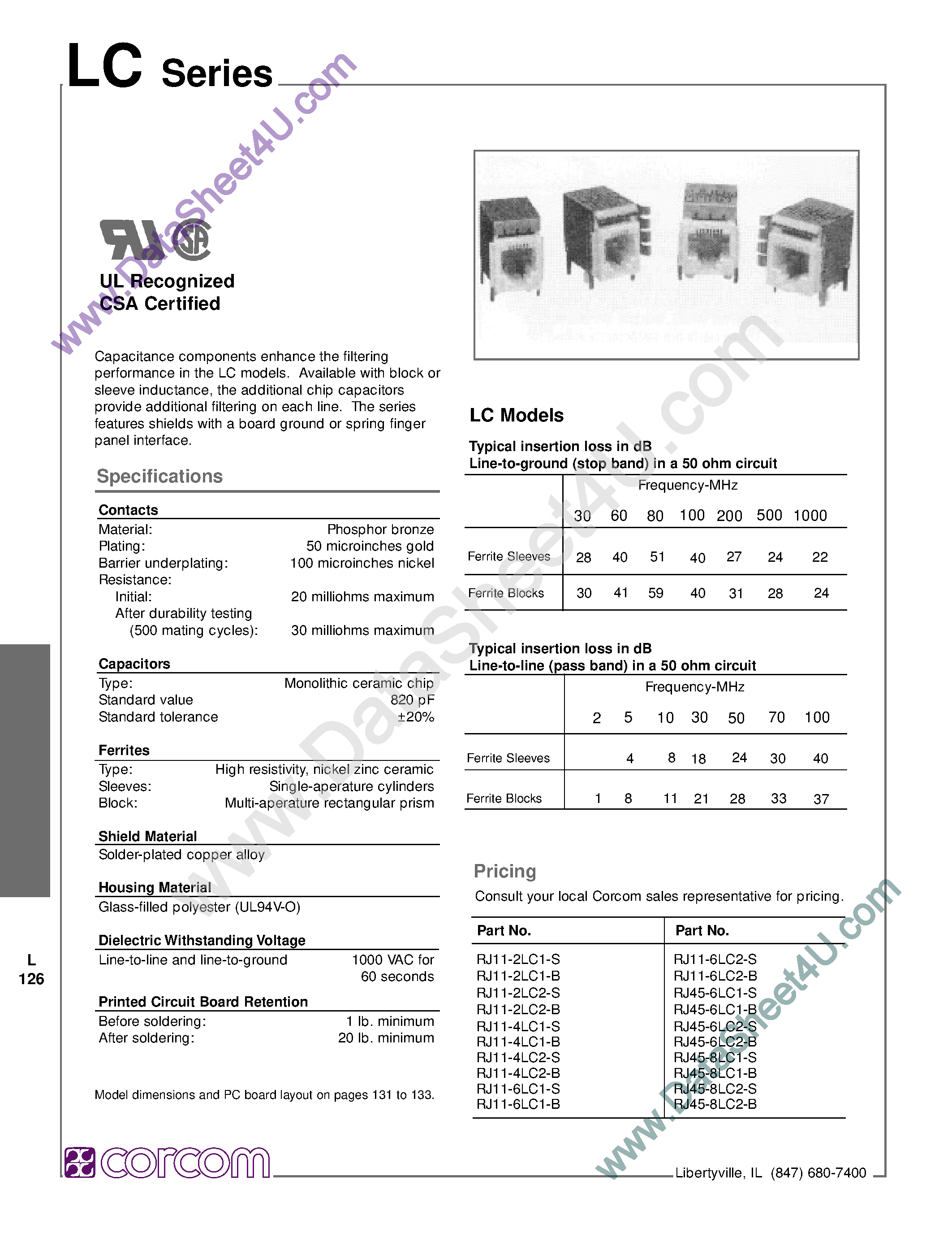 Datasheet RJ11-xLCx-x page 1 Datasheet RJ11-xLCx-x - TYPICAL INSERTION LOSS IN DB LINE-TO-GROUND (STOP BAND) IN A 50 OHM CIRCUIT page 1