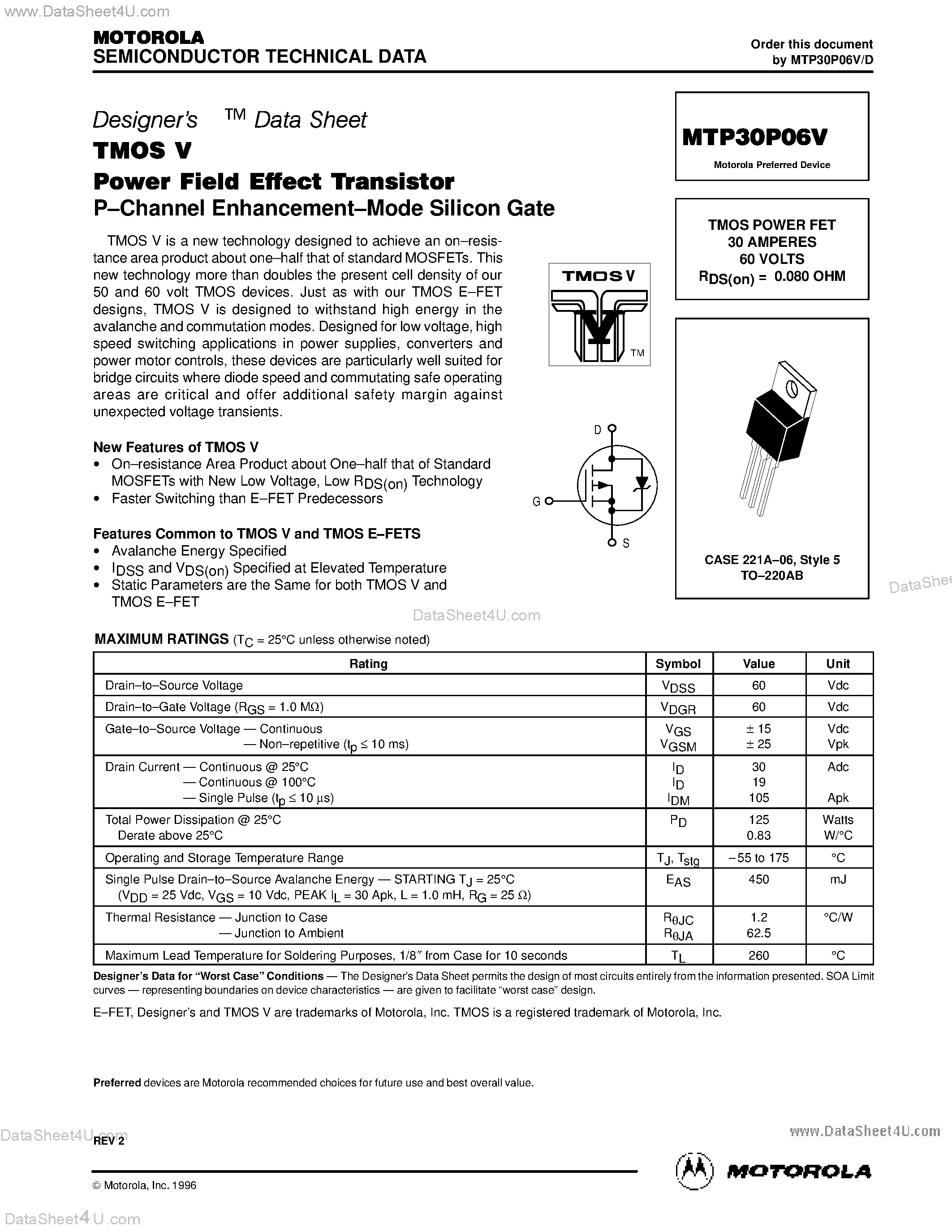 Datasheet MTP30P06V - TMOS POWER FET 30 AMPERES 60 VOLTS RDS(on) = 0.080 OHM page 1