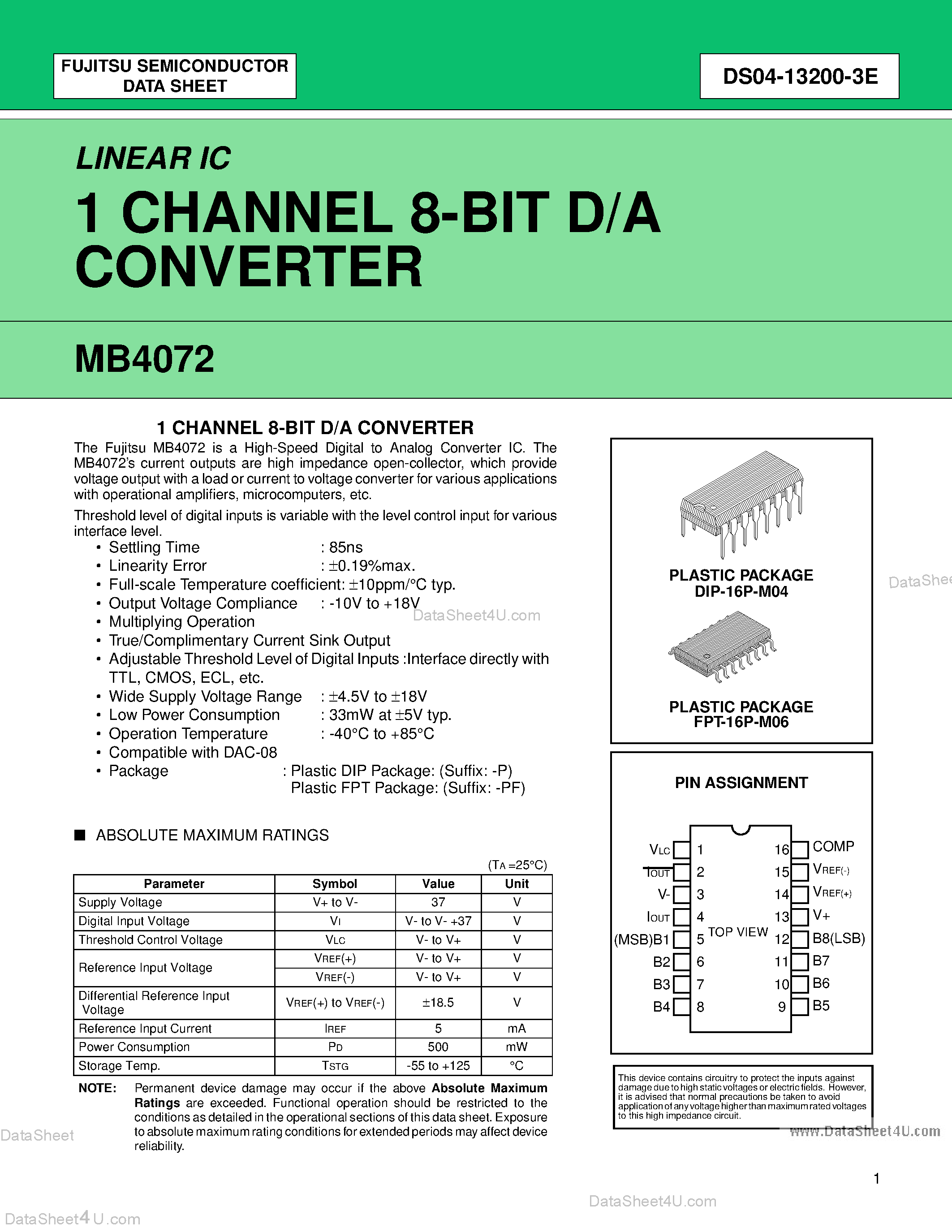 Даташит MB4072 - 1 CHANNEL 8-BIT D/A CONVERTER страница 1