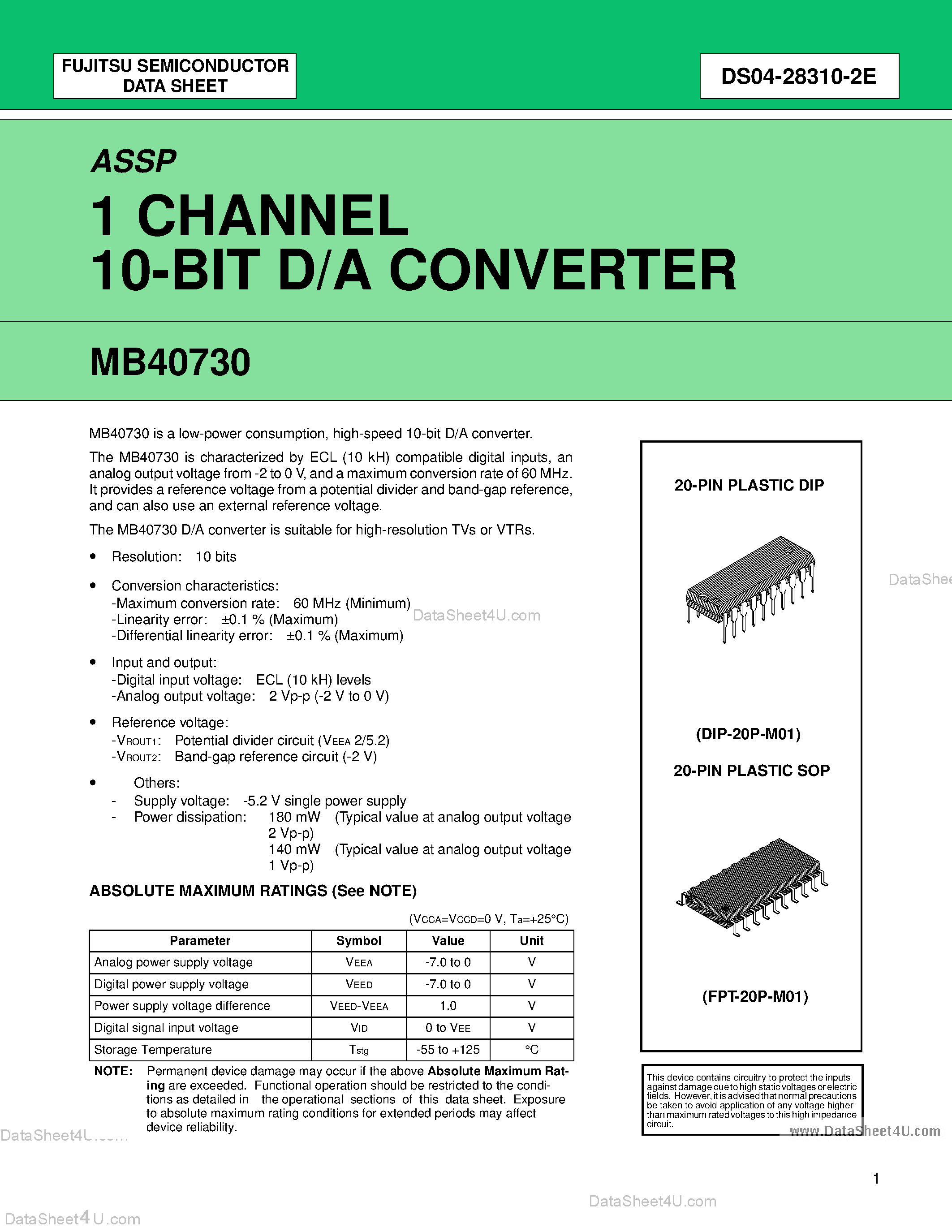 Даташит на микросхему MB40730 страница 1 Даташит MB40730 - 1 CHANNEL 10-BIT D/A CONVERTER страница 1