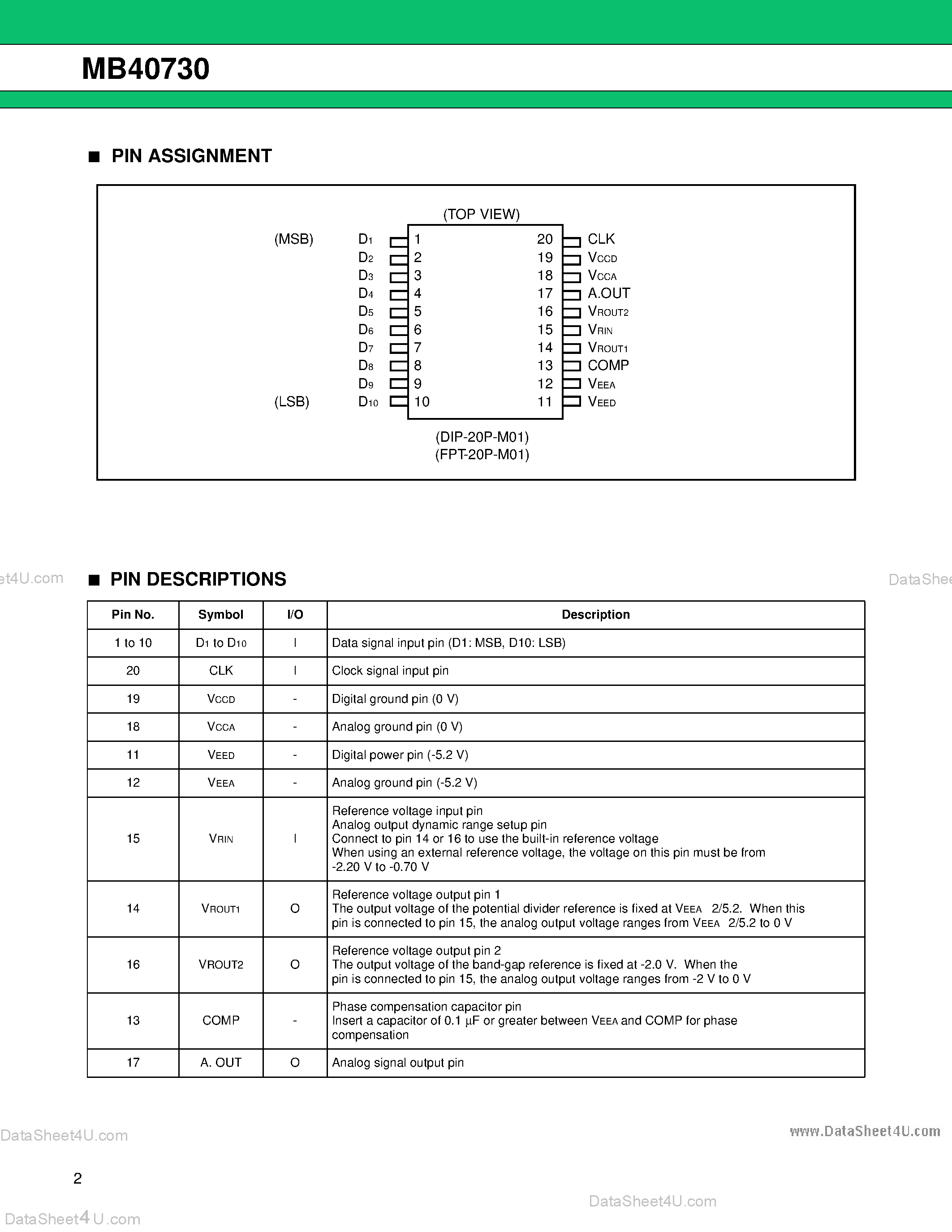 Даташит на микросхему MB40730 страница 2 Даташит MB40730 - 1 CHANNEL 10-BIT D/A CONVERTER страница 2