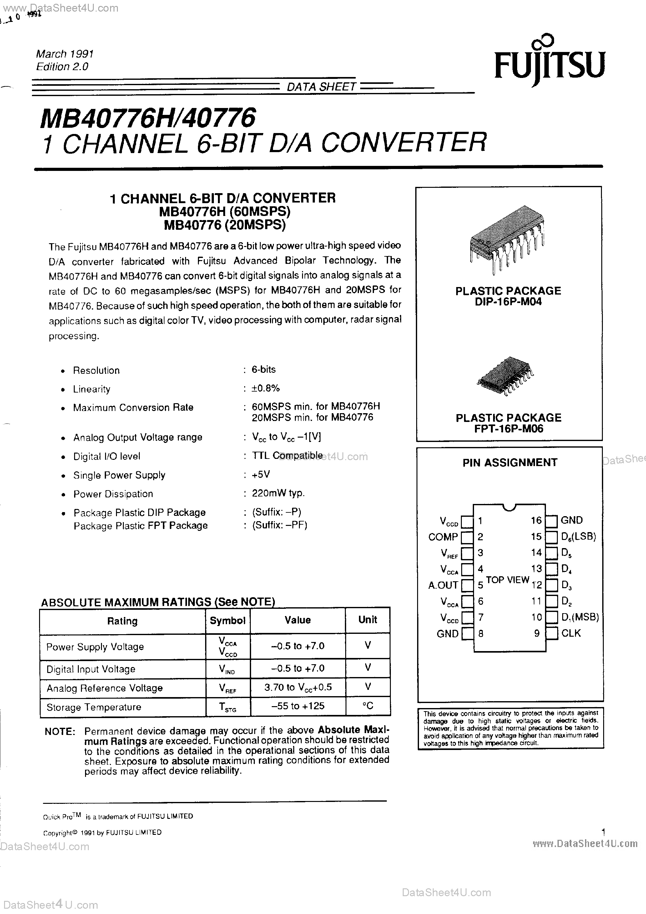 Datasheet MB40776 - 1 Channel 6-Bit D/A Converter page 1