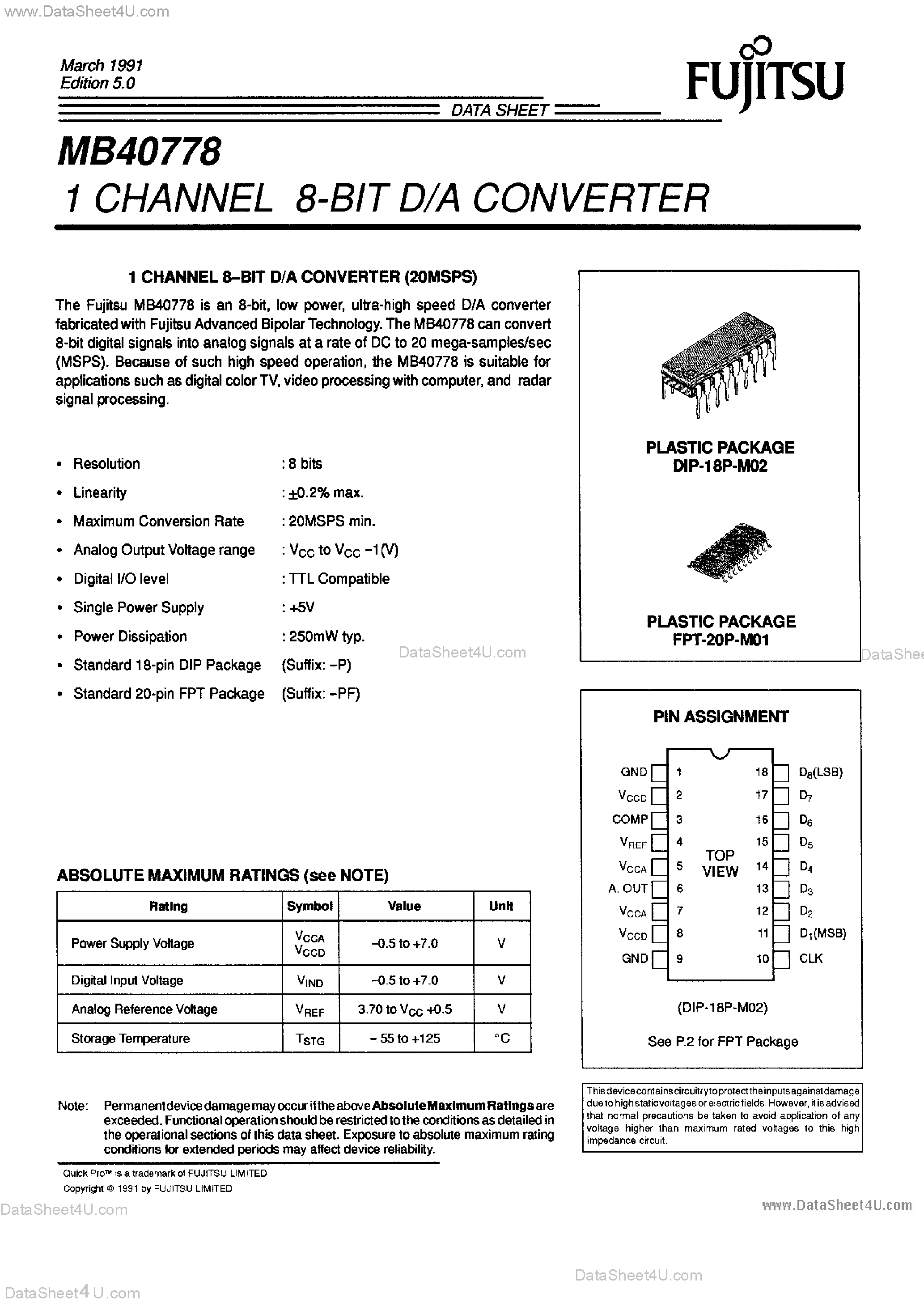 Даташит MB40778 - 1 Channel 8-Bit D/A Converter страница 1