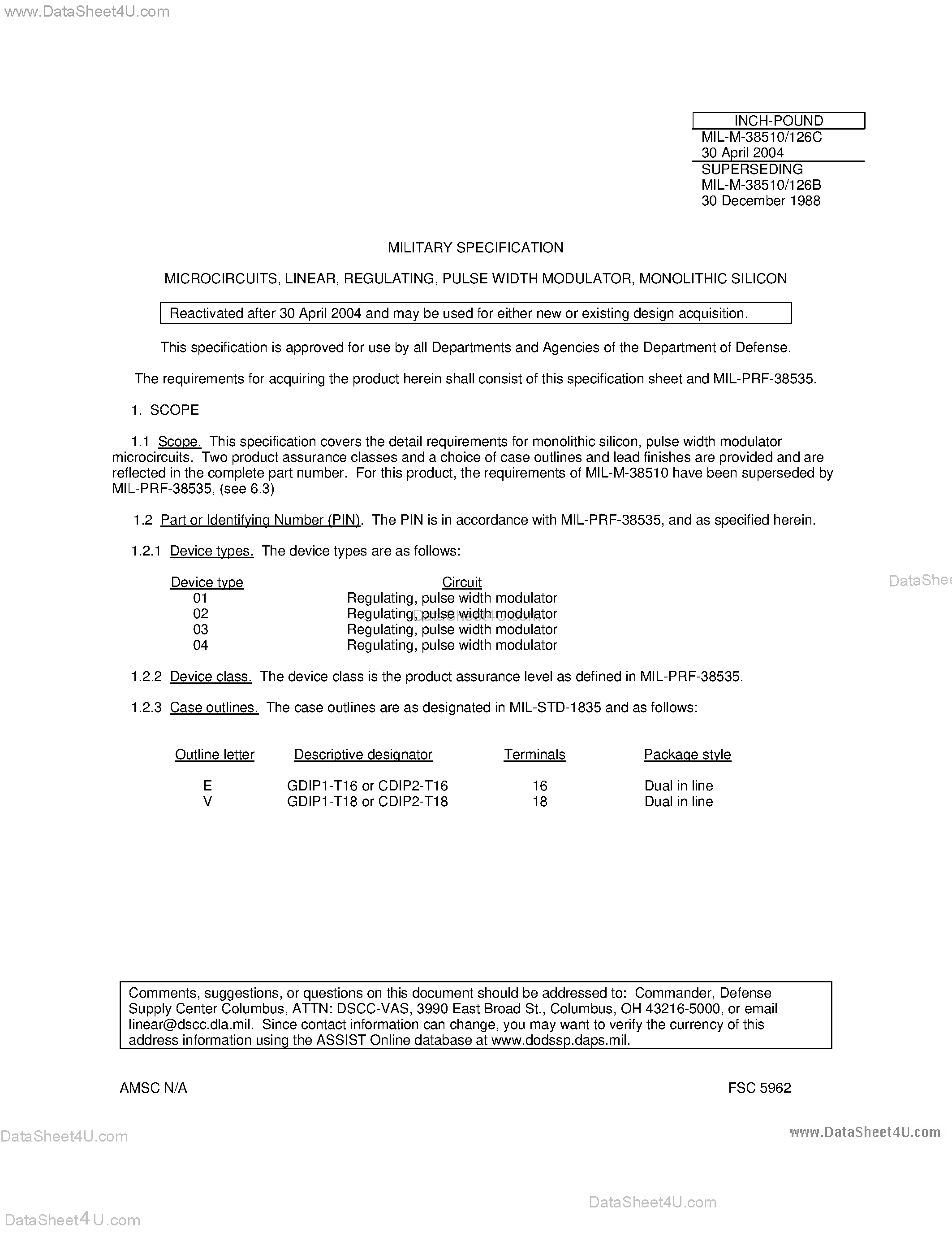 Datasheet M38510/12603BVA - SMPS CONTROLLER page 1