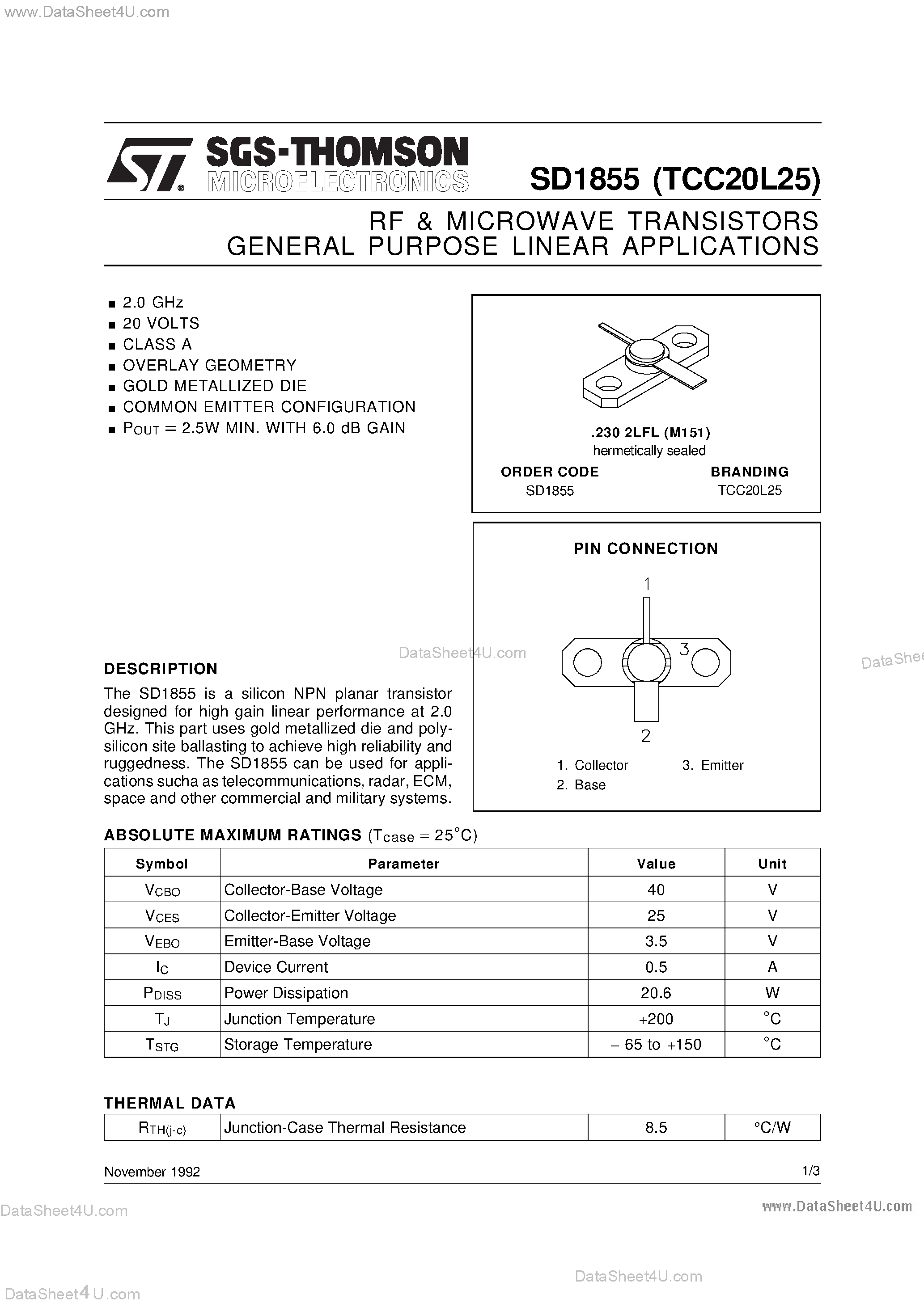 Даташит на микросхему SD1855 страница 1 Даташит SD1855 - RF & MICROWAVE TRANSISTORS GENERAL PURPOSE LINEAR APPLICATIONS страница 1