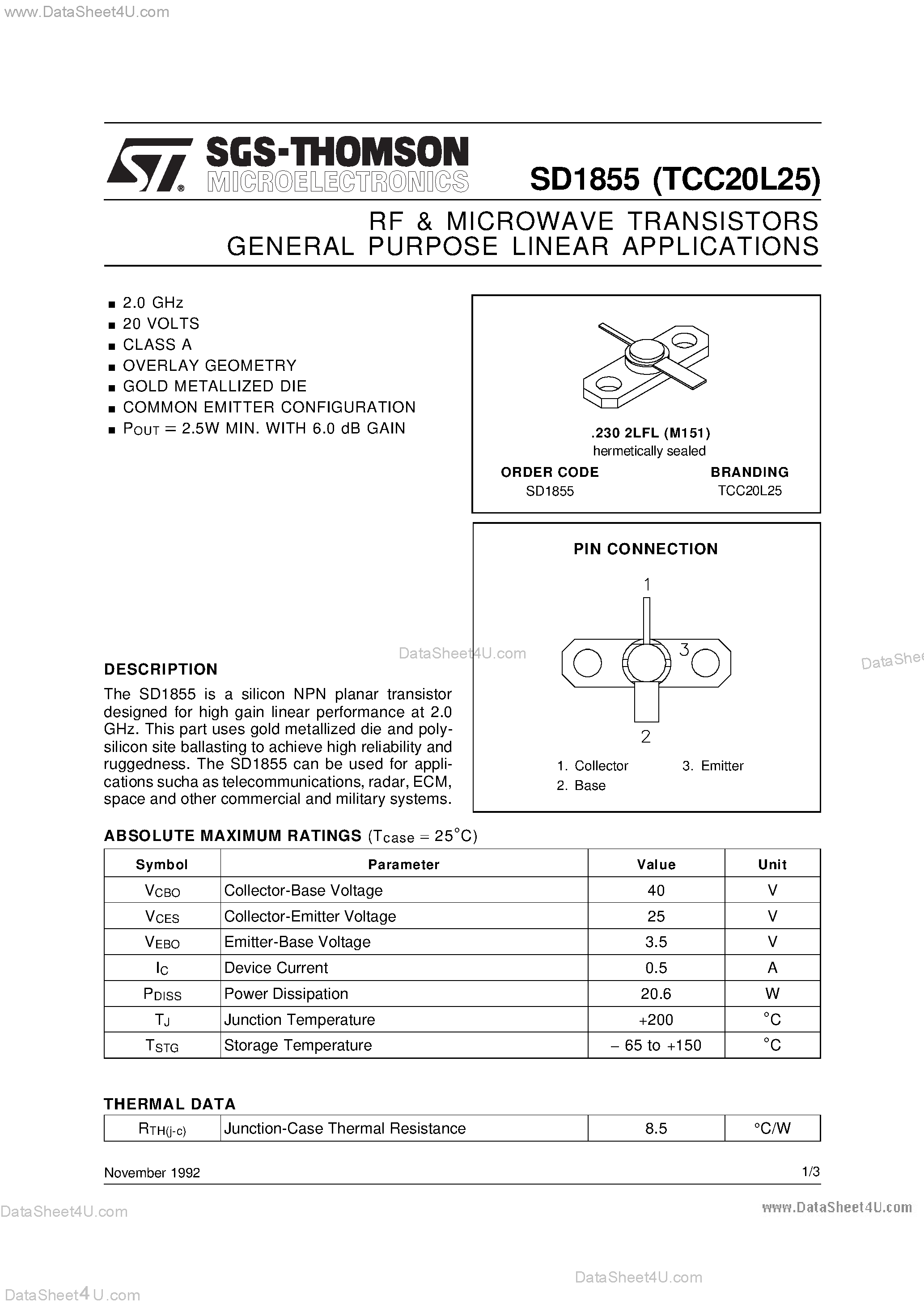 Datasheet SD1855 - RF & MICROWAVE TRANSISTORS GENERAL PURPOSE LINEAR APPLICATIONS page 1