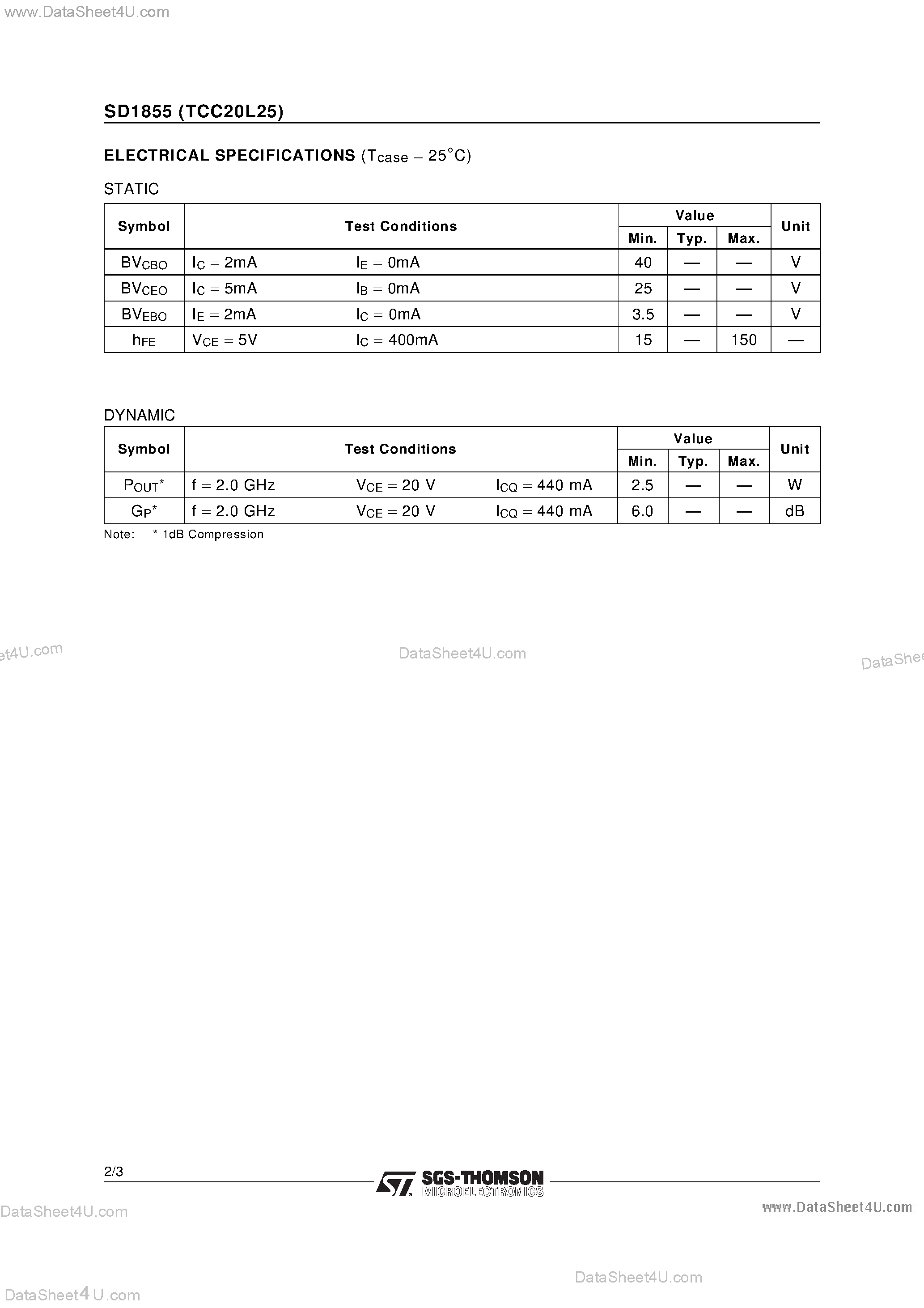 Даташит на микросхему SD1855 страница 2 Даташит SD1855 - RF & MICROWAVE TRANSISTORS GENERAL PURPOSE LINEAR APPLICATIONS страница 2
