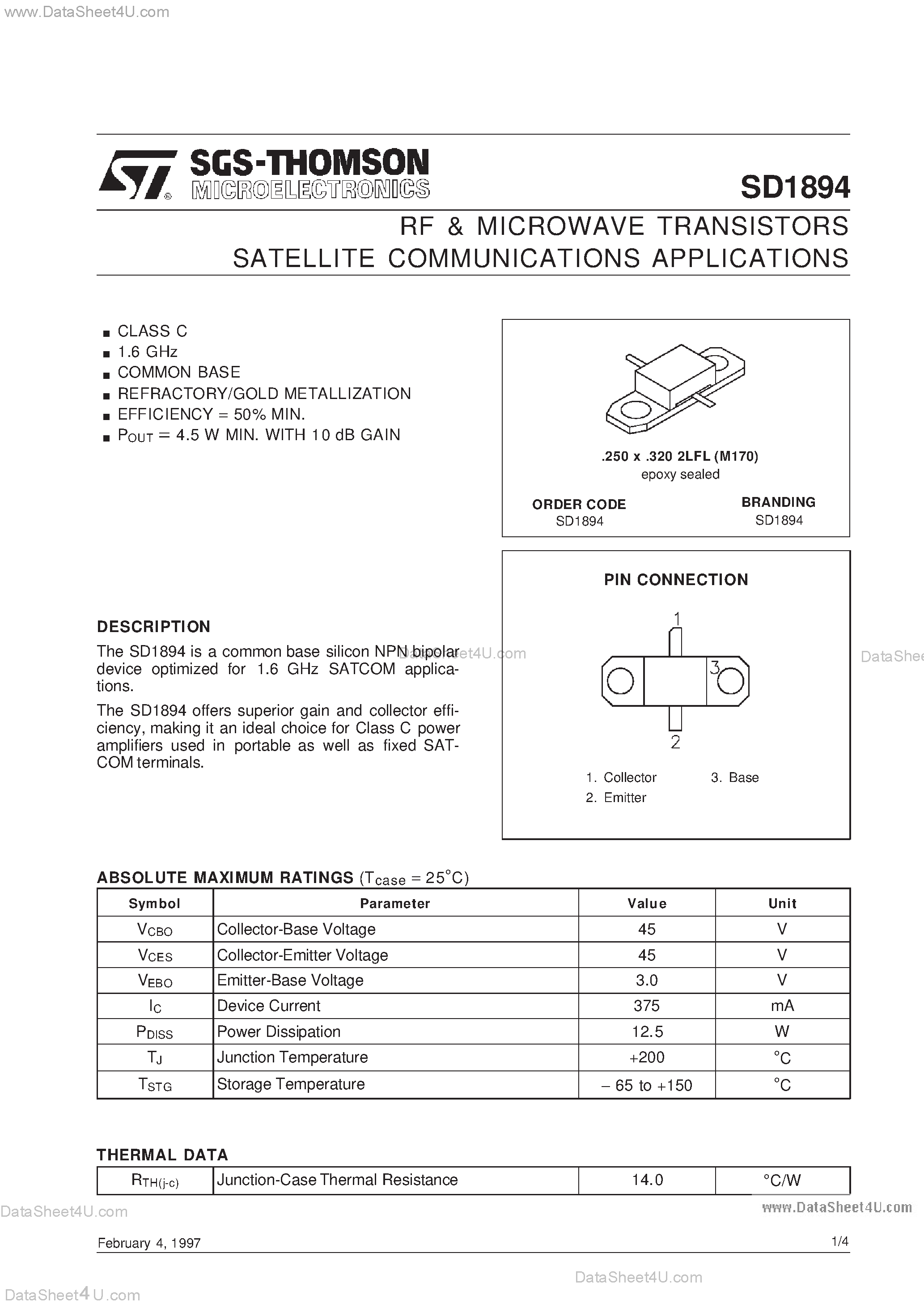 Datasheet SD1894 - RF & MICROWAVE TRANSISTORS SATELLITE COMMUNICATIONS APPLICATIONS page 1